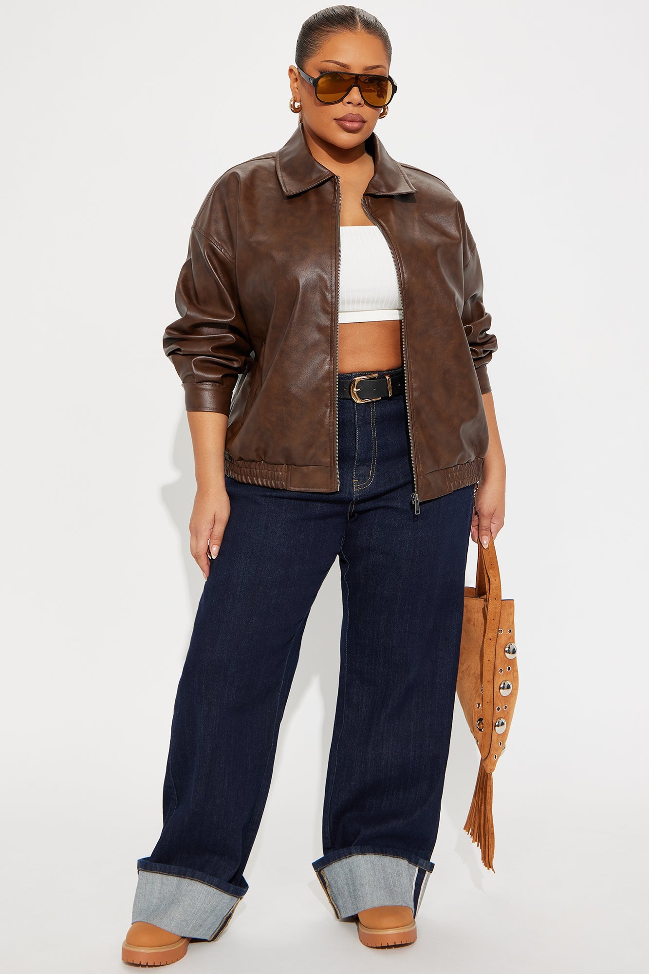Hustle Mode Oversized Faux Leather Jacket - Chocolate