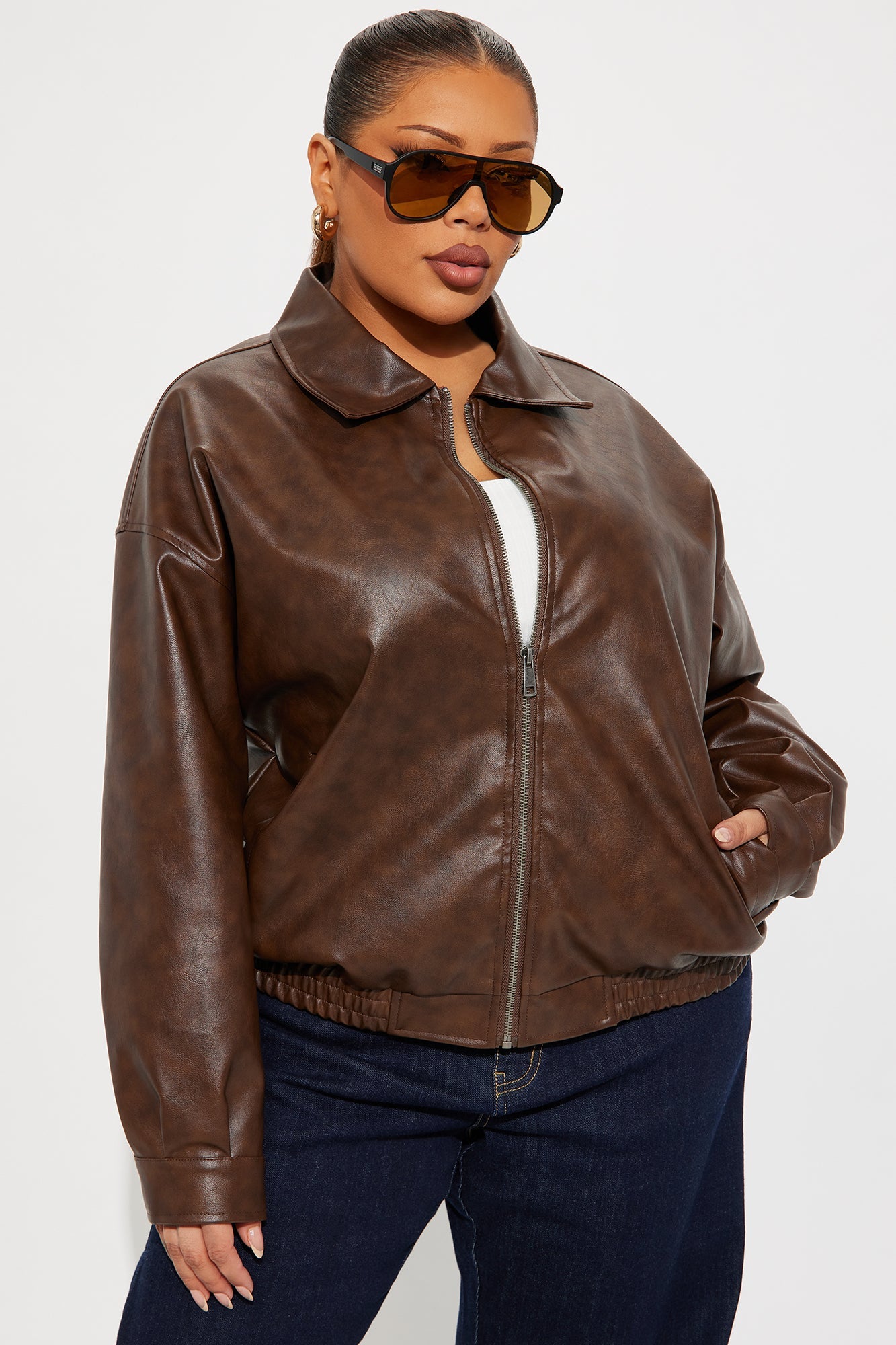 Hustle Mode Oversized Faux Leather Jacket - Chocolate