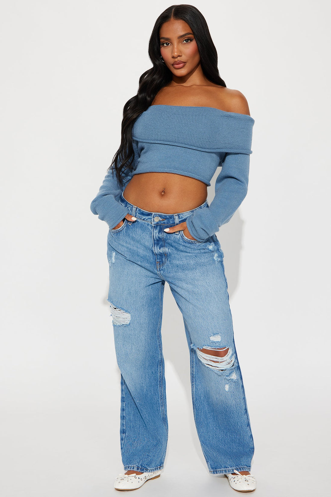 Only One Off Shoulder Sweater - Dusty Blue