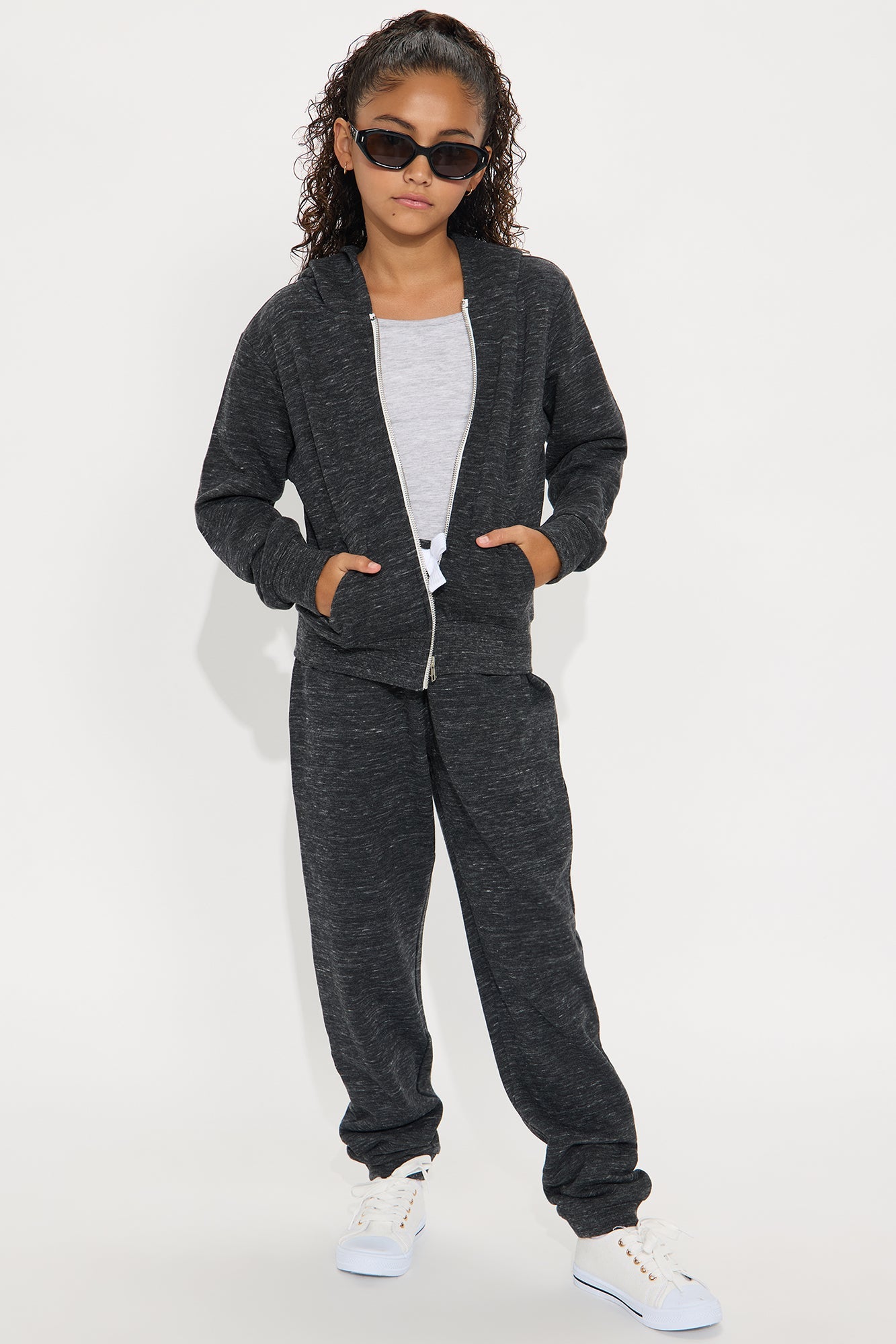 Mini Relaxed Vibe Zip Up Jacket and Jogger Pant Set - Heather Black