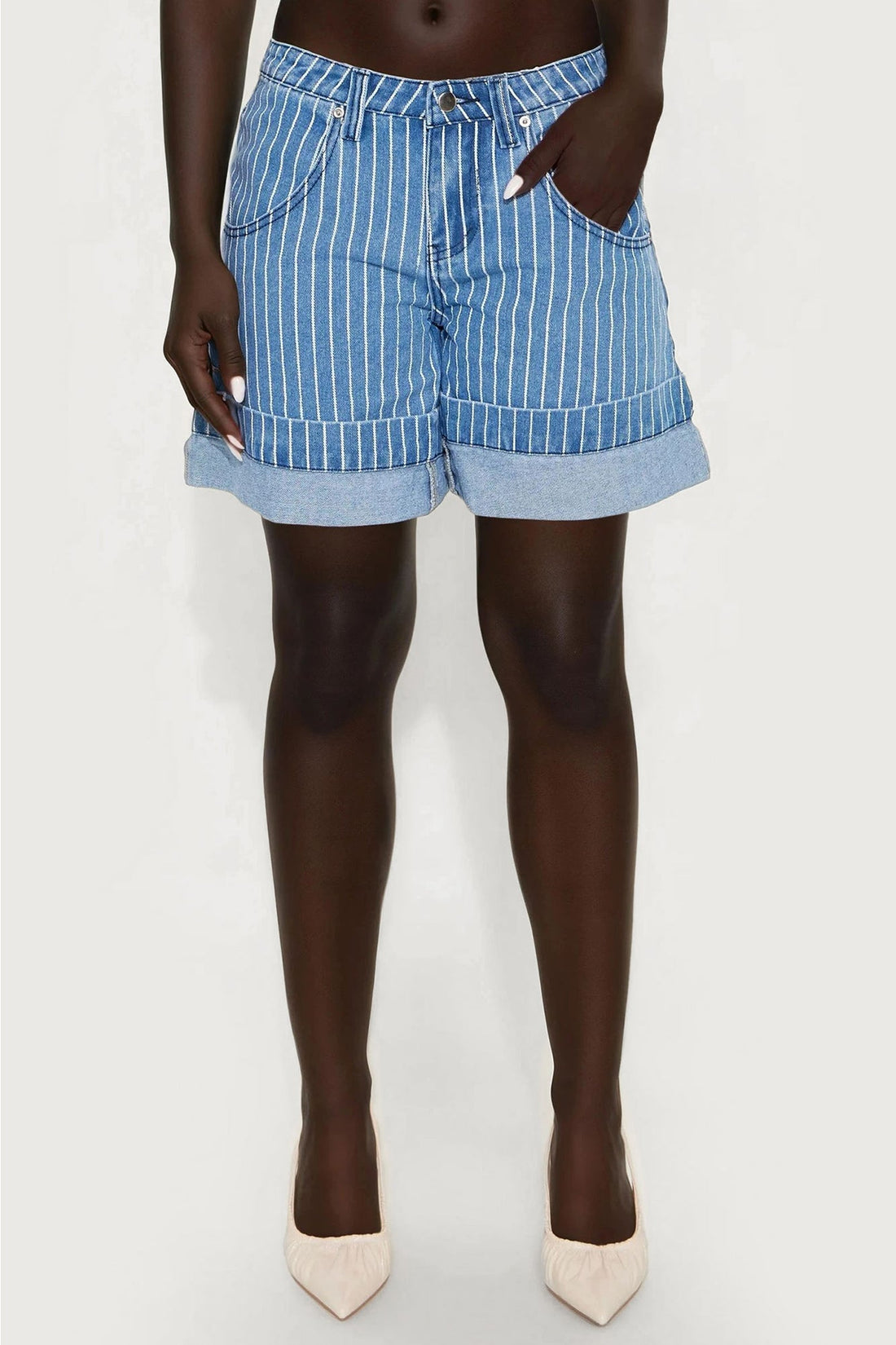 Seville Striped Cuffed Denim Shorts - Medium Blue Wash