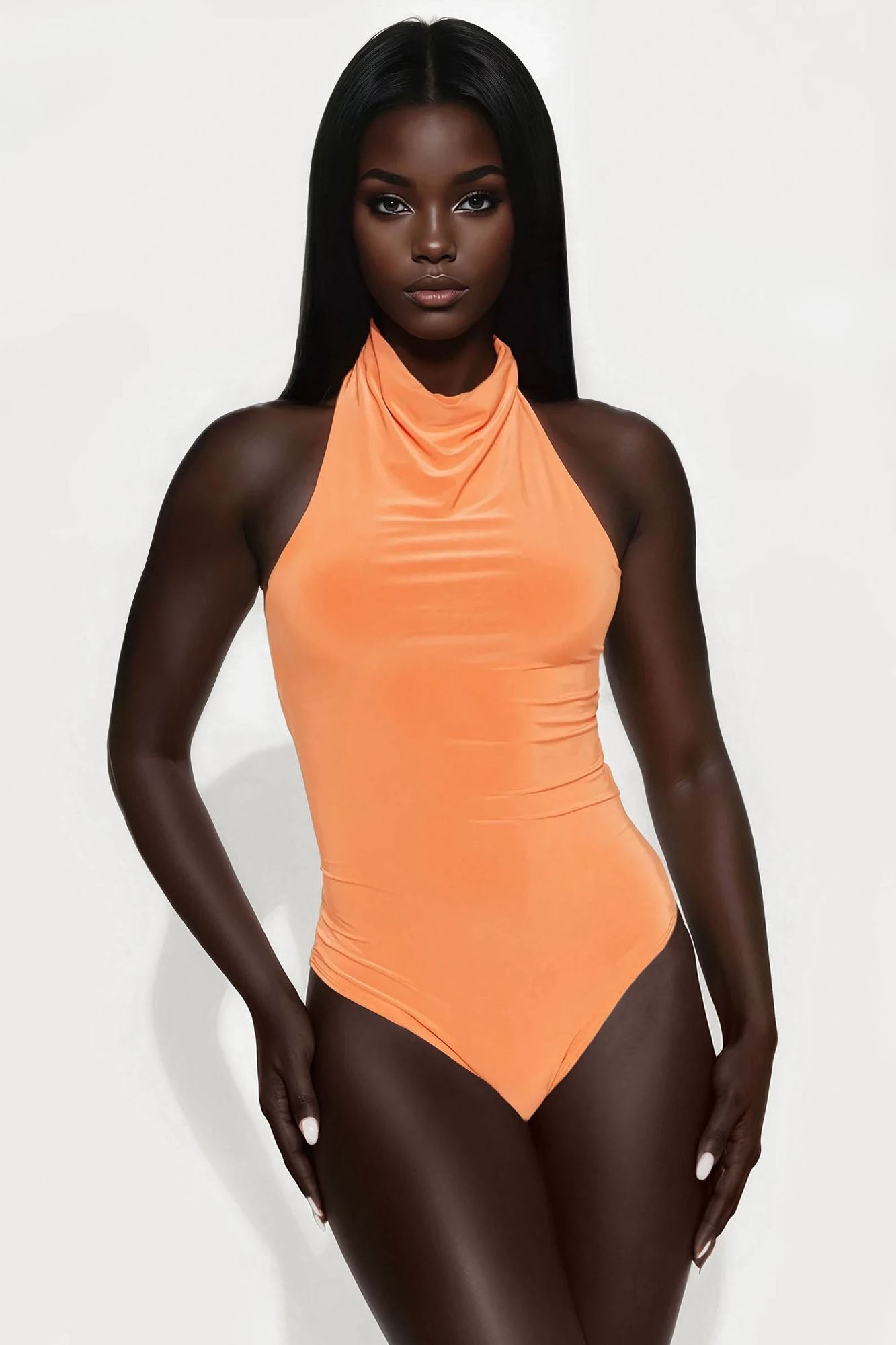 Trista Mock Neck Halter Bodysuit - Orange