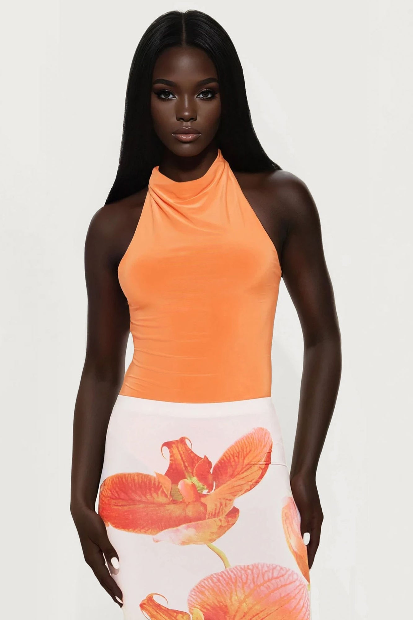 Trista Mock Neck Halter Bodysuit - Orange