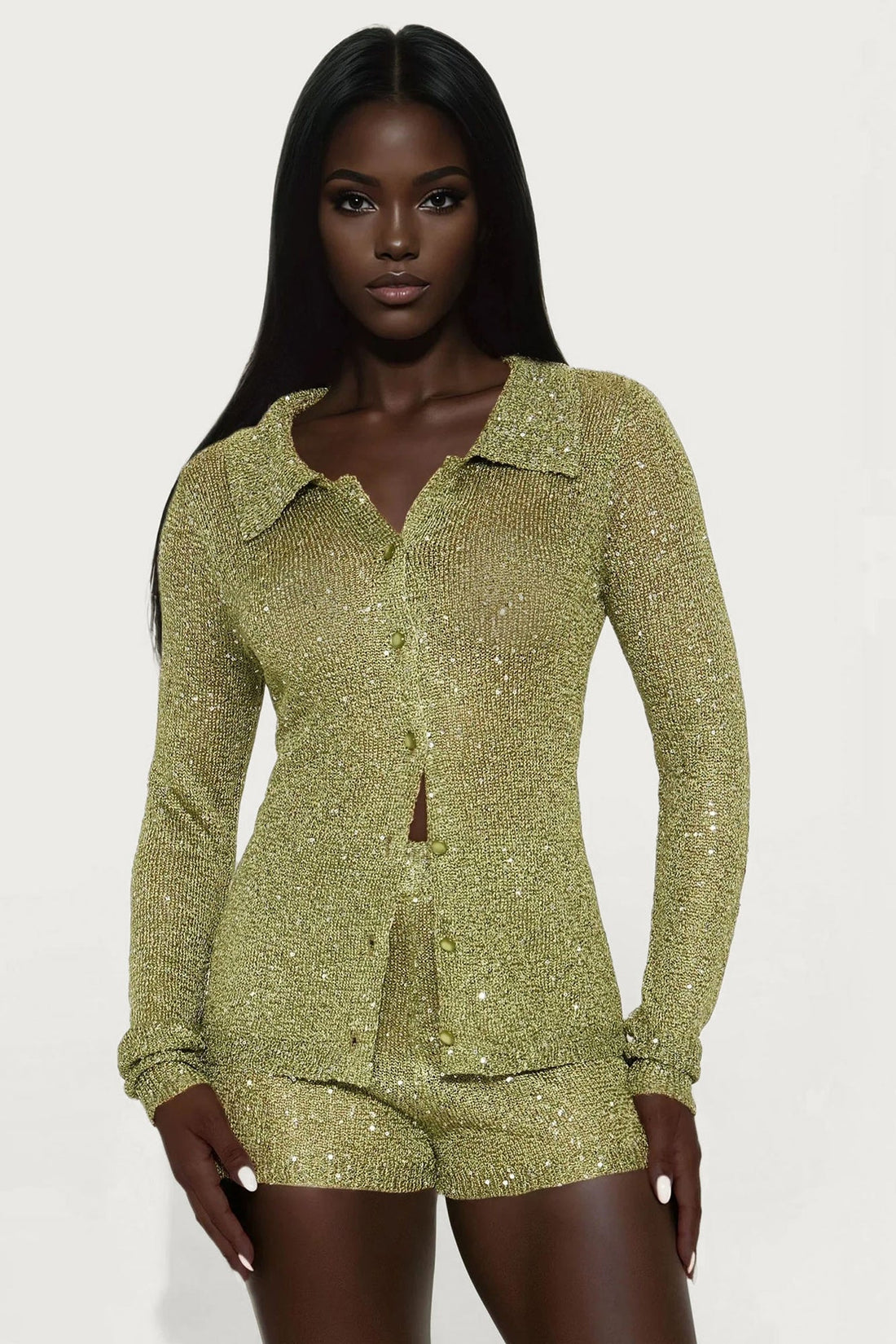 Mia Sequin Crochet Short Set - Olive