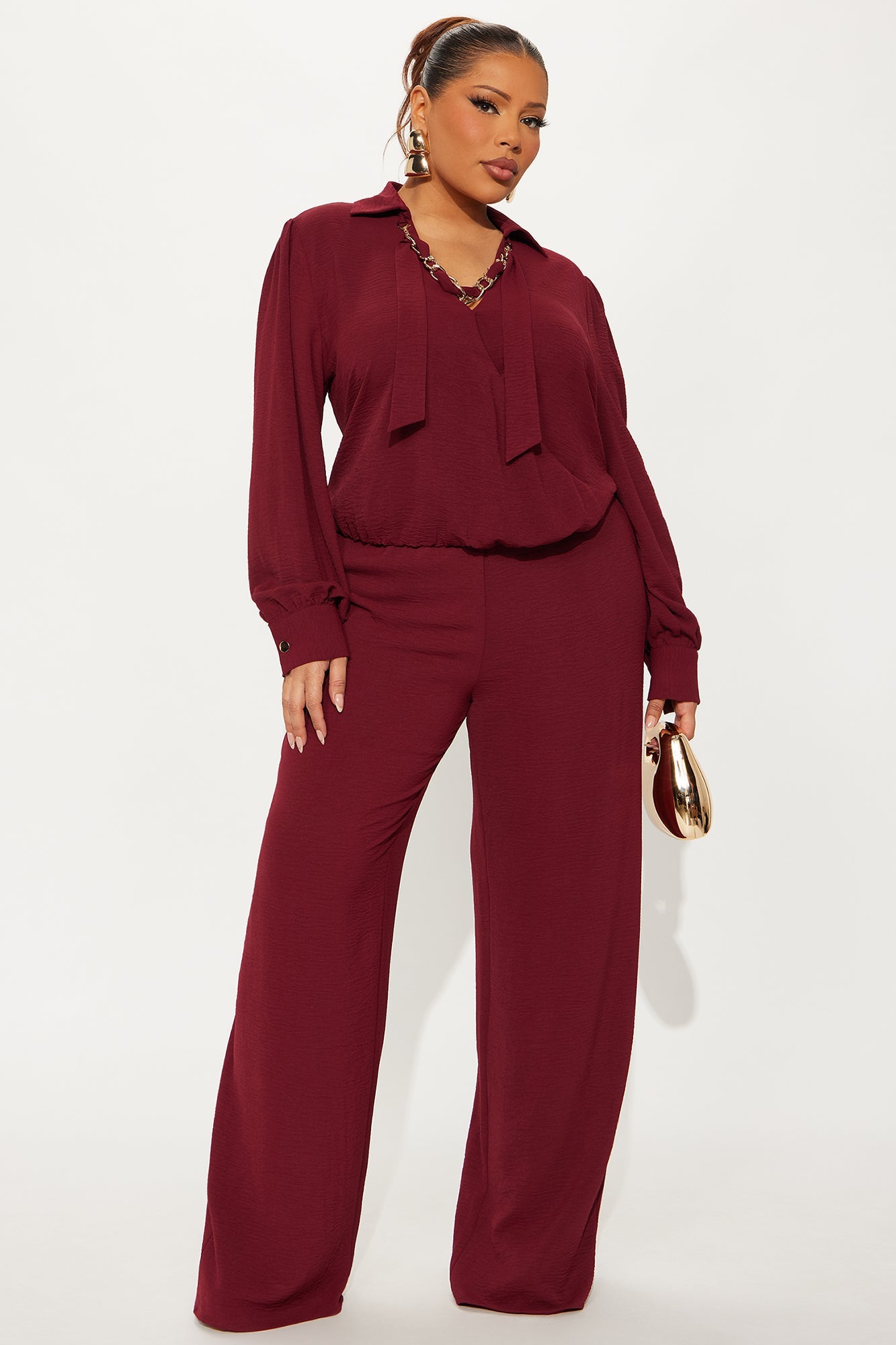 Sleek Statement Long Sleeve Pant Set - Wine