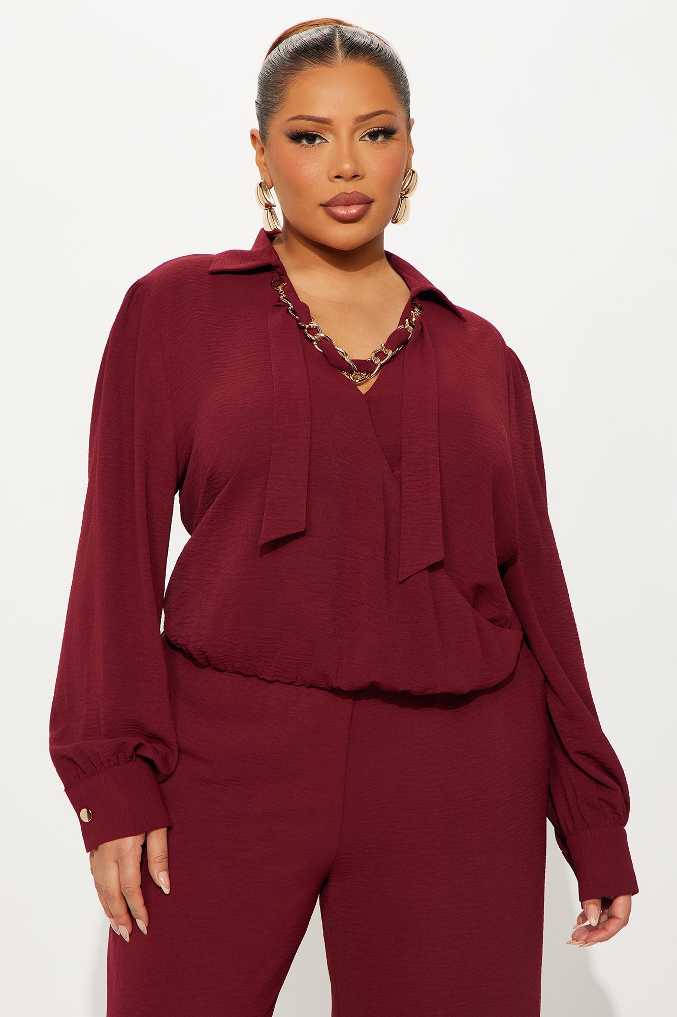 Sleek Statement Long Sleeve Pant Set - Wine