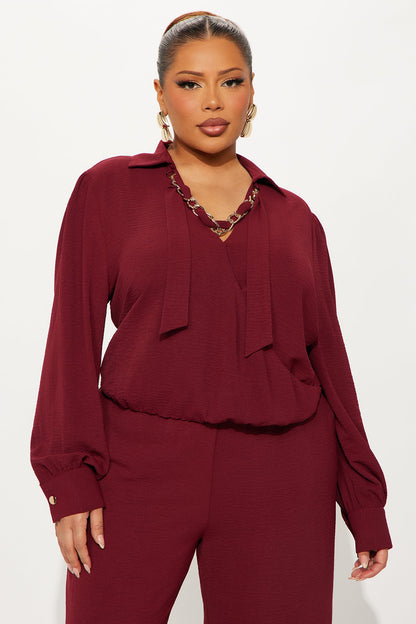 Sleek Statement Long Sleeve Pant Set - Wine