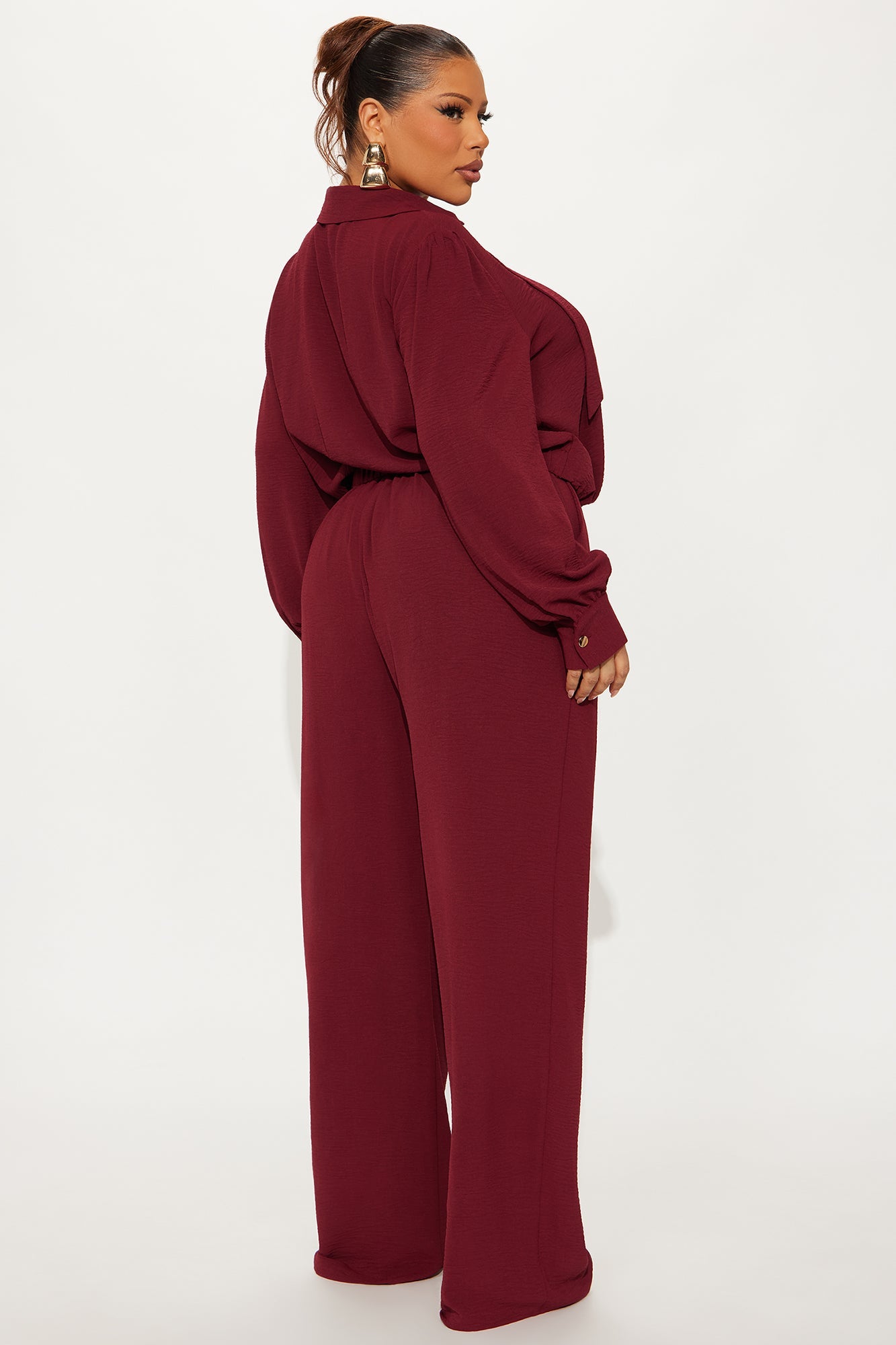 Sleek Statement Long Sleeve Pant Set - Wine