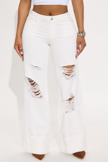Swept Away Cuffed Wide Leg Jeans - White
