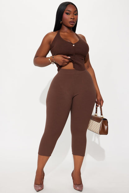 Tory Rib Heavy Contoured High Waisted Capri Legging - Dark Brown
