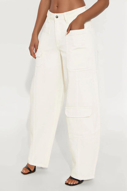 Alexandra Cargo Twill Wide Leg Barrel Pant - Cream