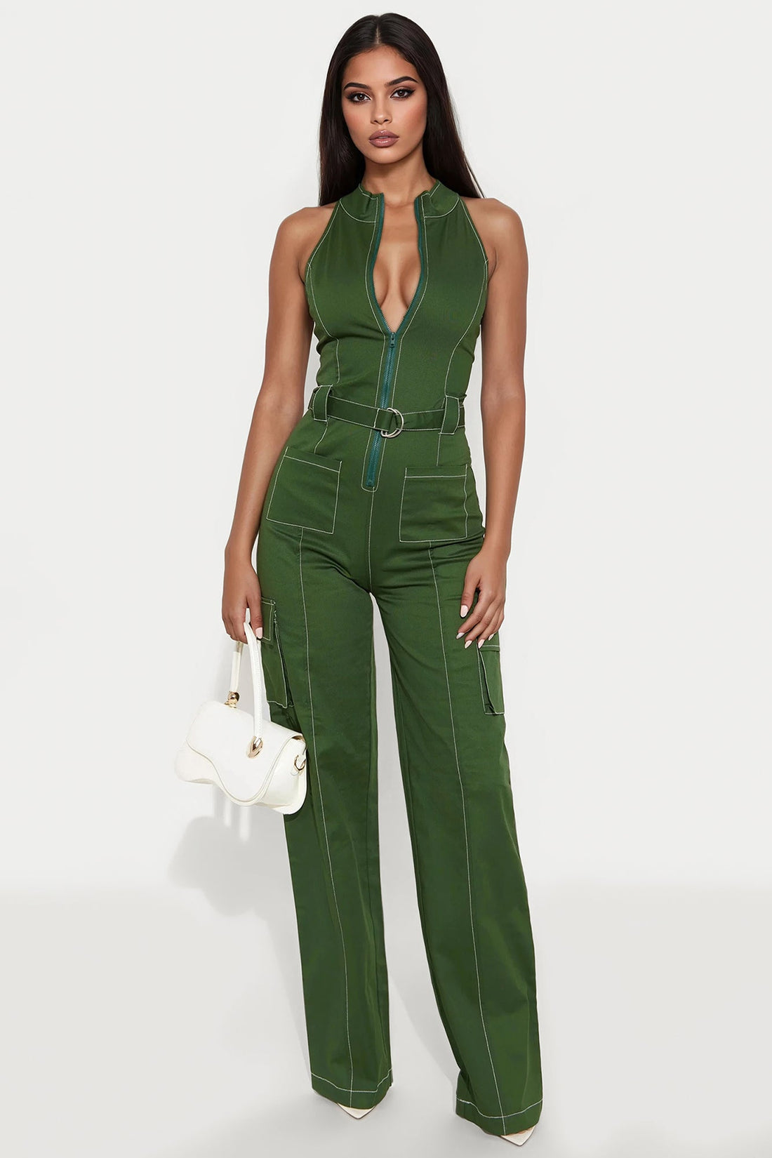 Naya Twill Zip Up Jumpsuit - Green
