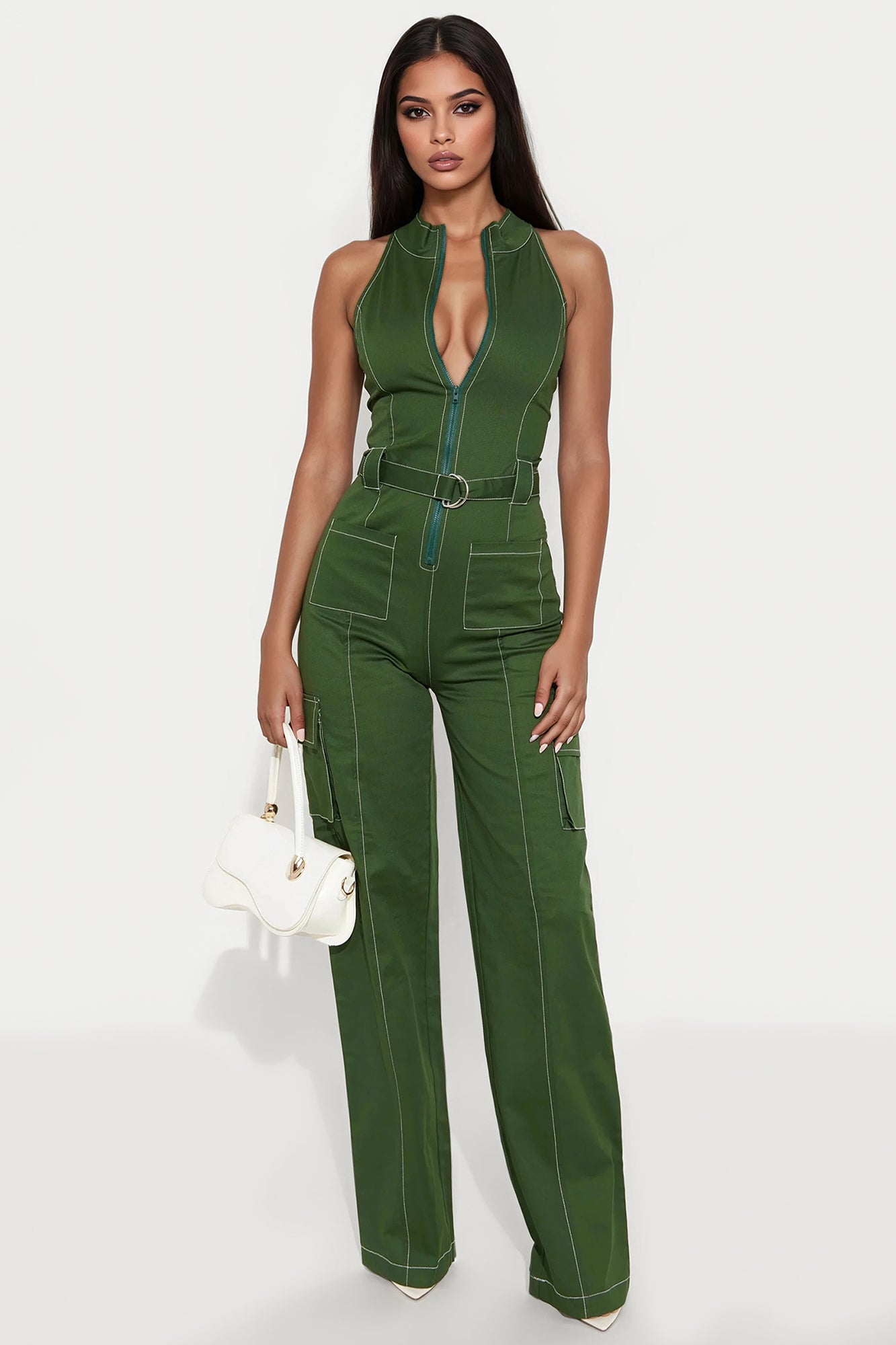Naya Twill Zip Up Jumpsuit - Green