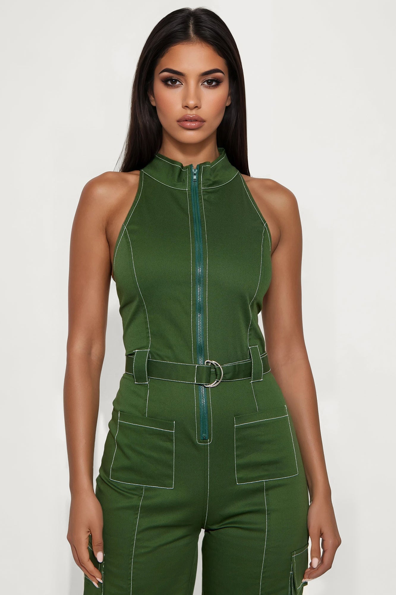 Naya Twill Zip Up Jumpsuit - Green