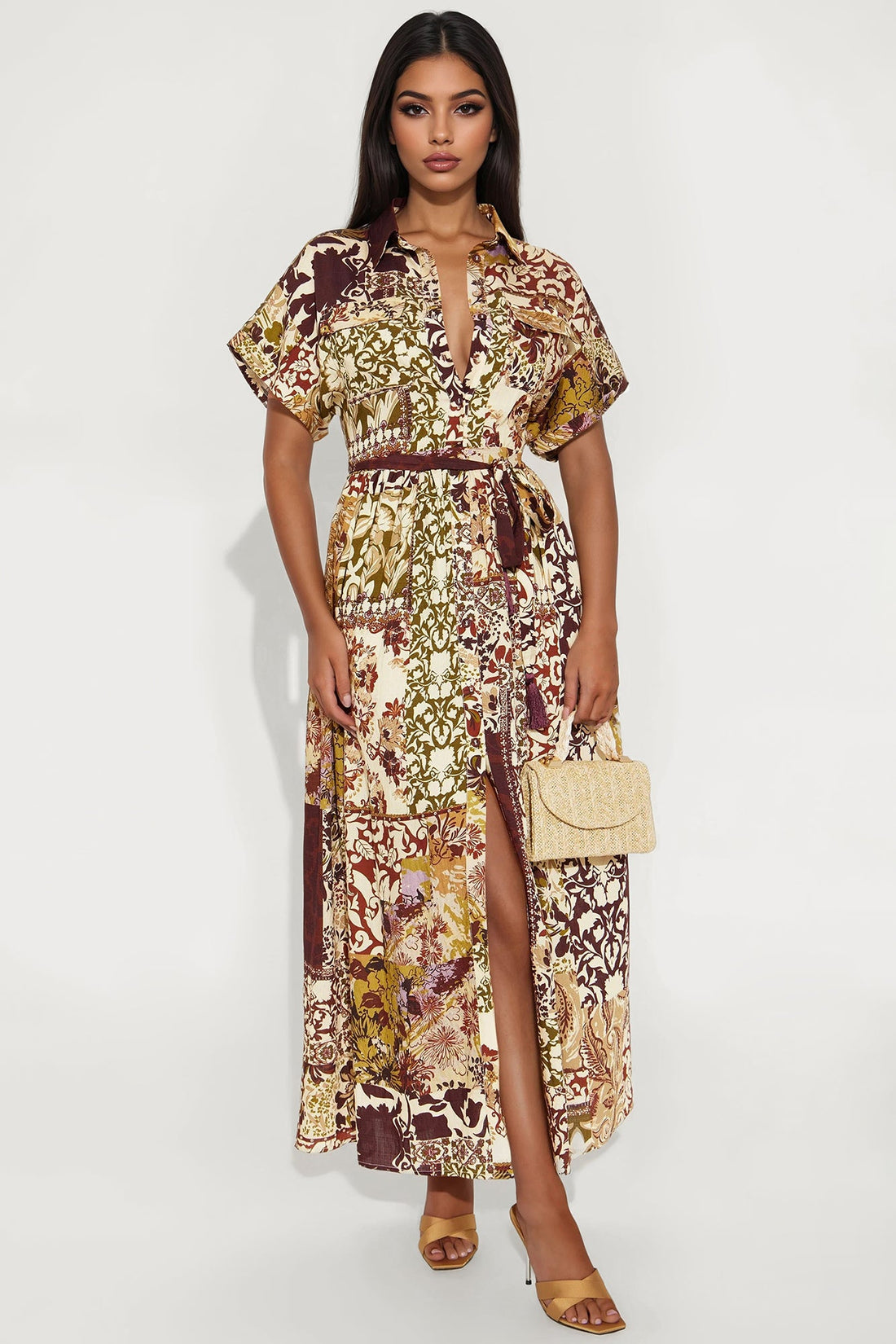 Kaylie Linen Maxi Shirt Dress - Burgundy/combo
