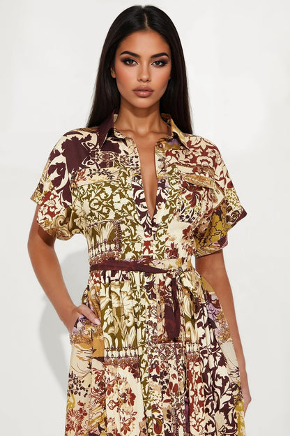 Kaylie Linen Maxi Shirt Dress - Burgundy/combo