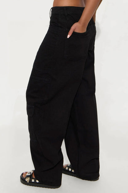 Alexandra Cargo Twill Wide Leg Barrel Pant - Black Wash