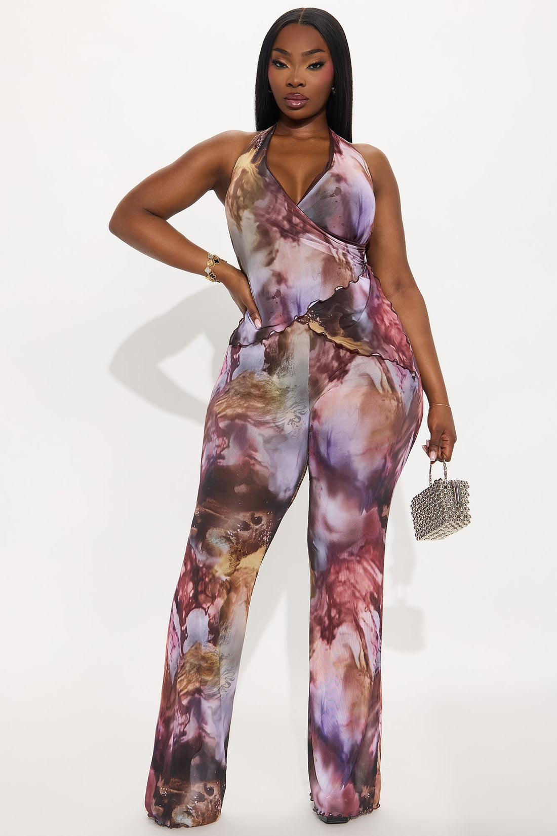 After Dark Mesh Flare Leg Jumpsuit - Plum/Multi