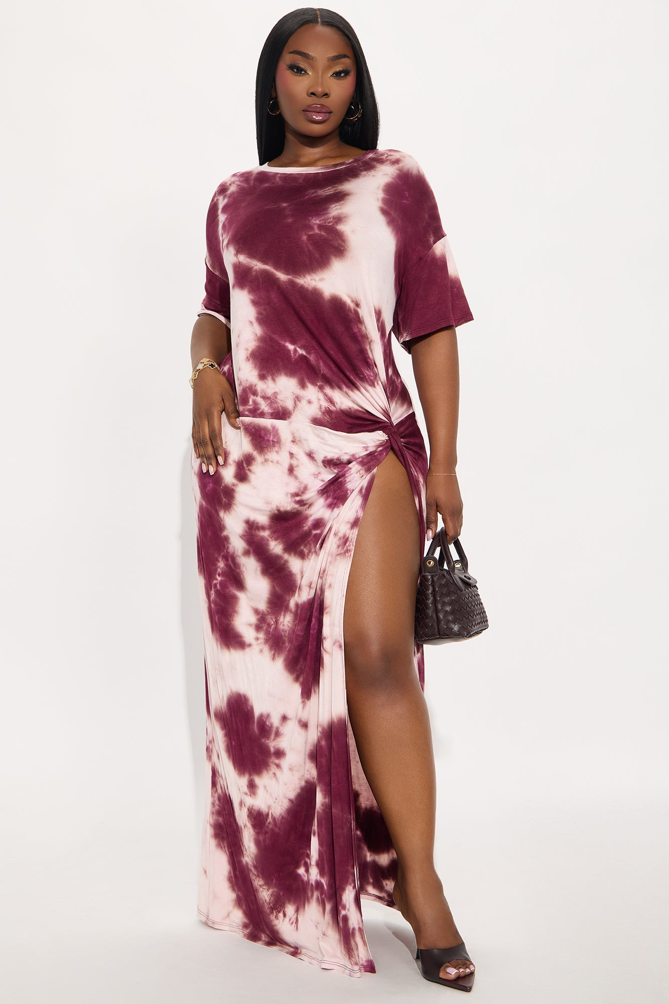Hadley Tie Dye High Slit Tshirt Maxi Dress - Burgundy