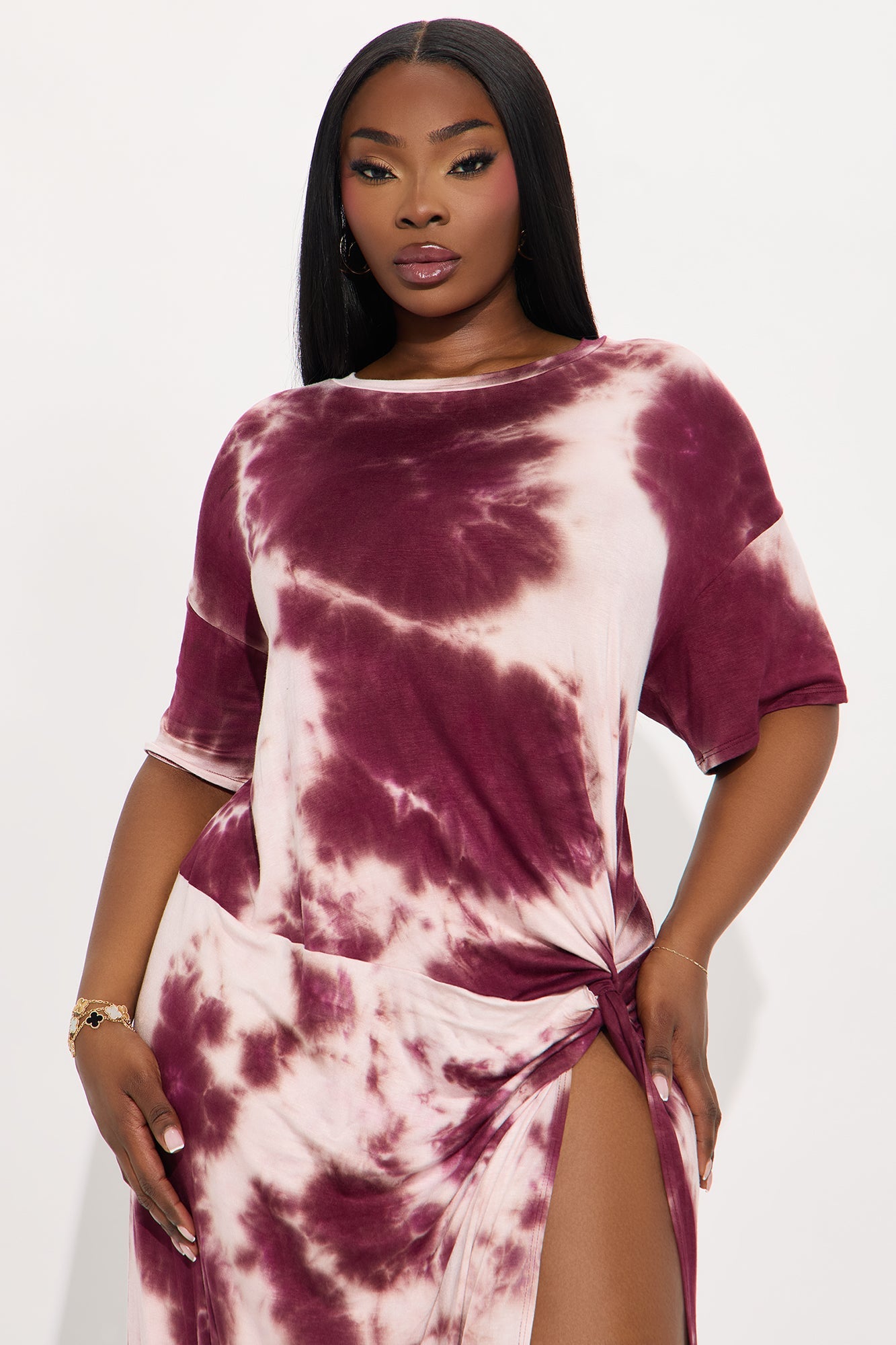Hadley Tie Dye High Slit Tshirt Maxi Dress - Burgundy