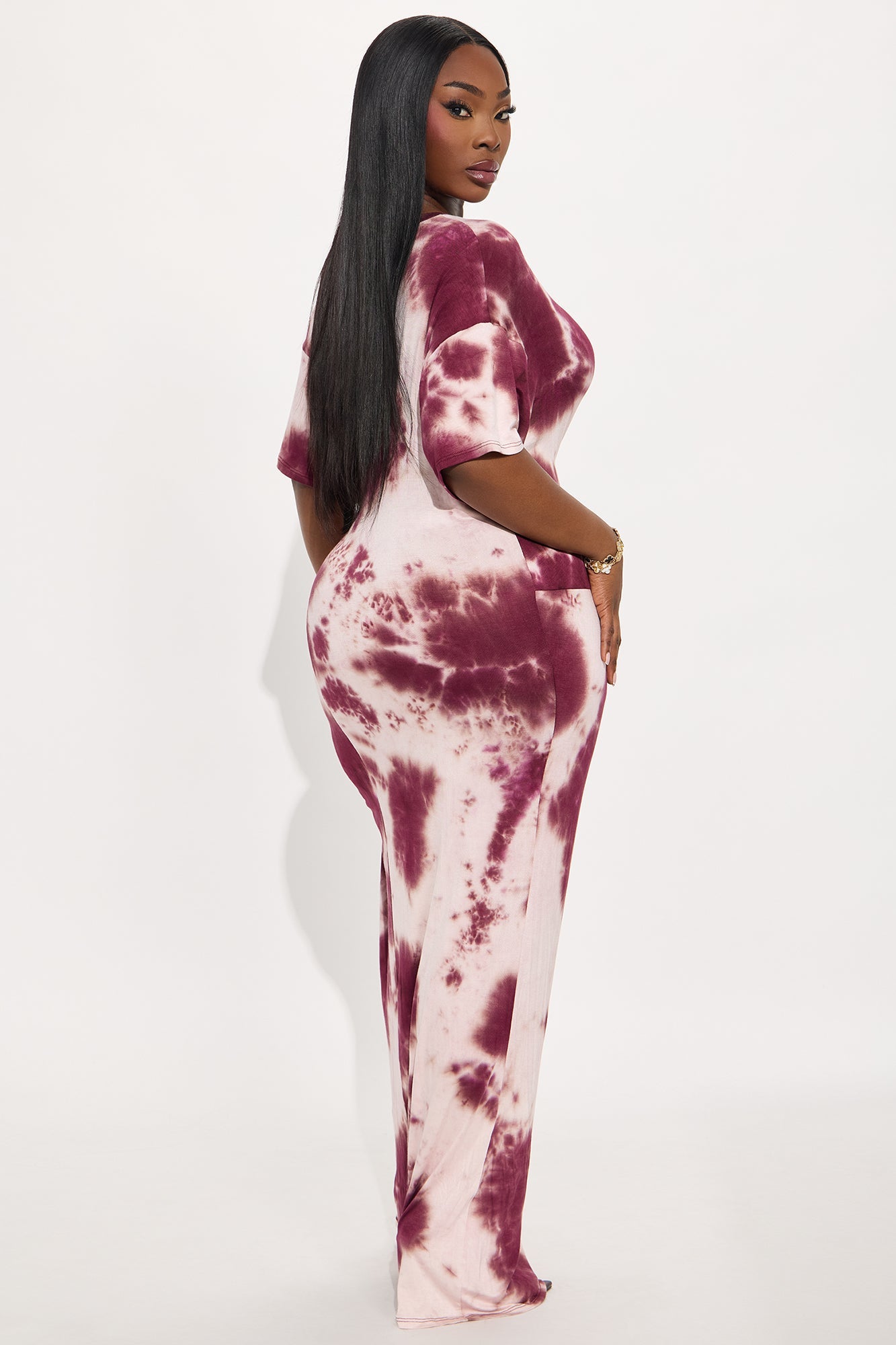 Hadley Tie Dye High Slit Tshirt Maxi Dress - Burgundy