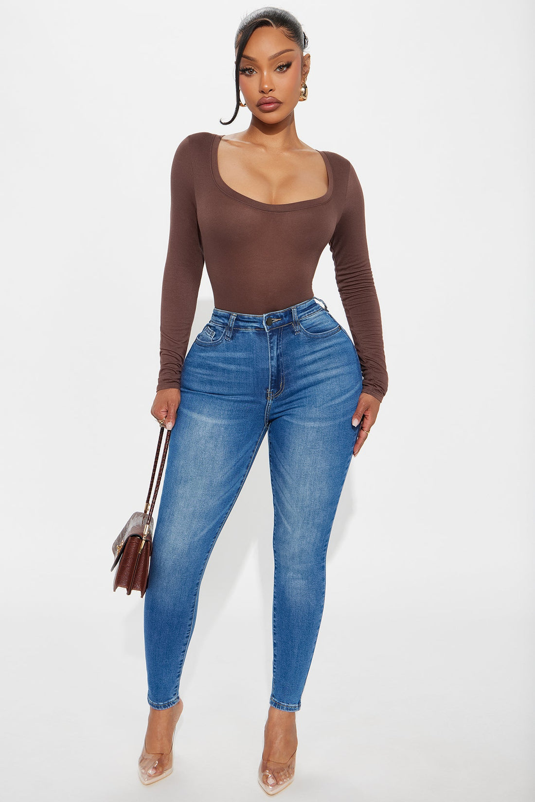 Marlene Scoop Neck Long Sleeve Bodysuit - Chocolate