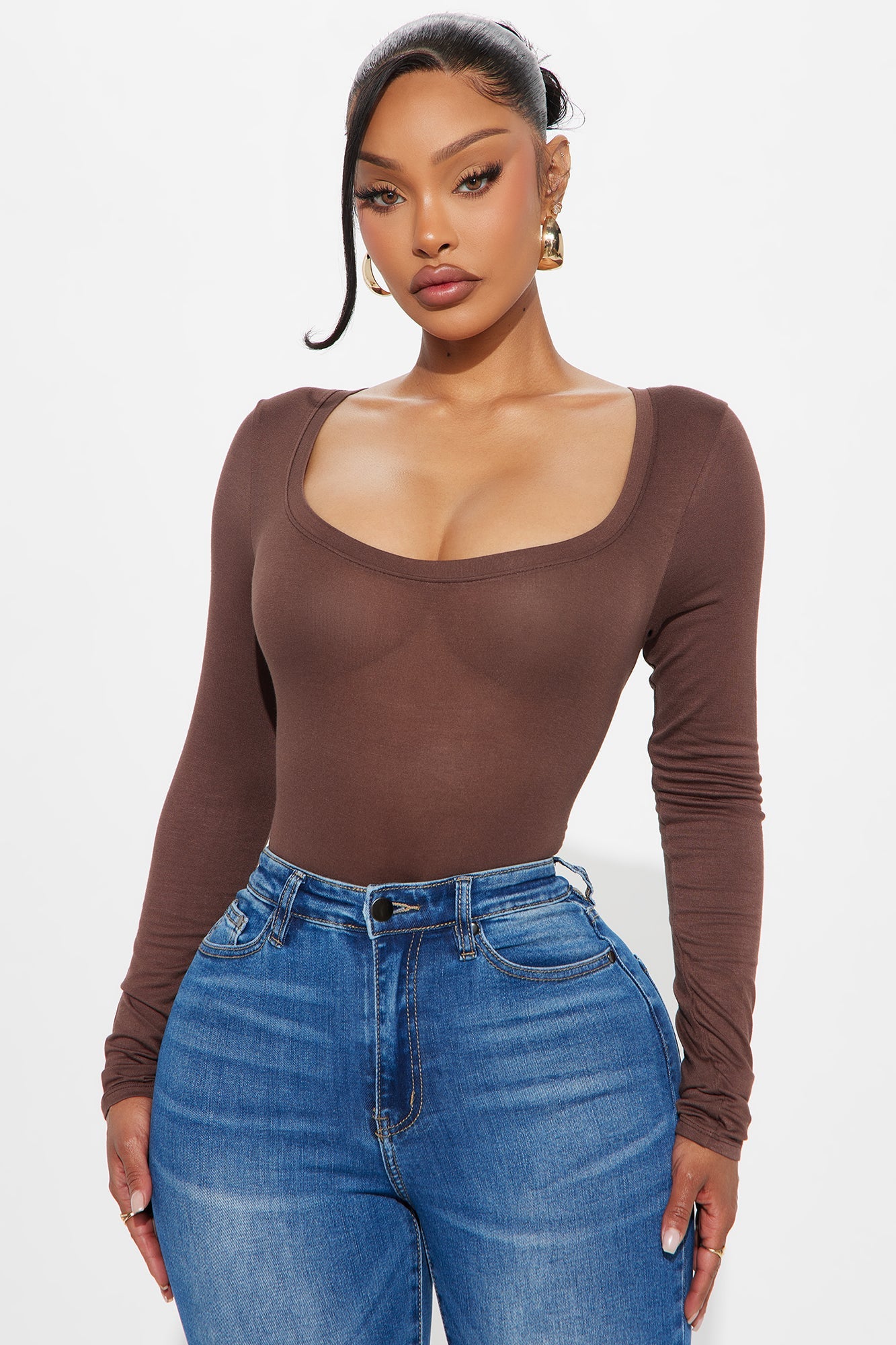 Marlene Scoop Neck Long Sleeve Bodysuit - Chocolate