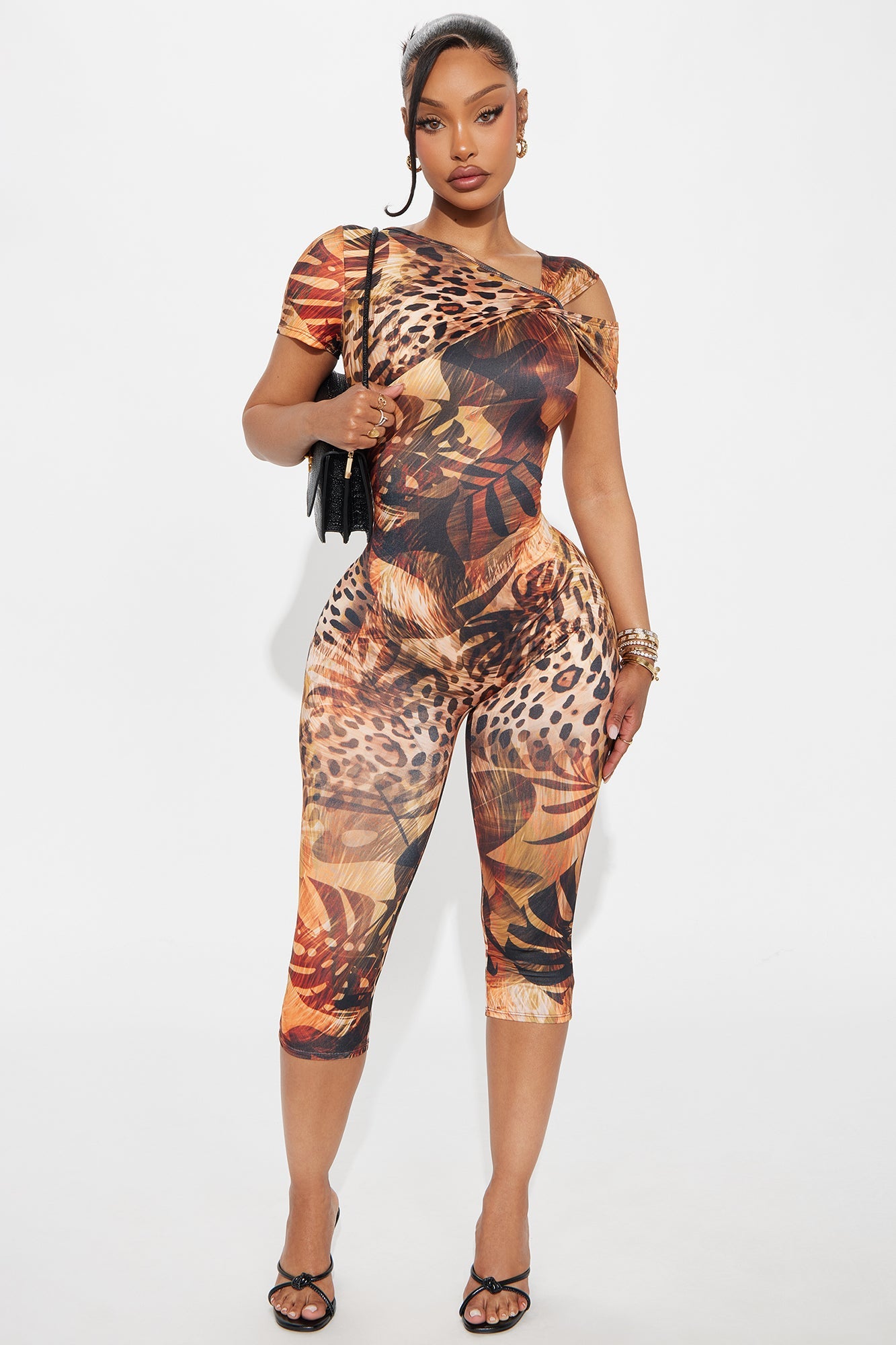 Loretta Short Sleeve Capri Jumpsuit - Brown Combo