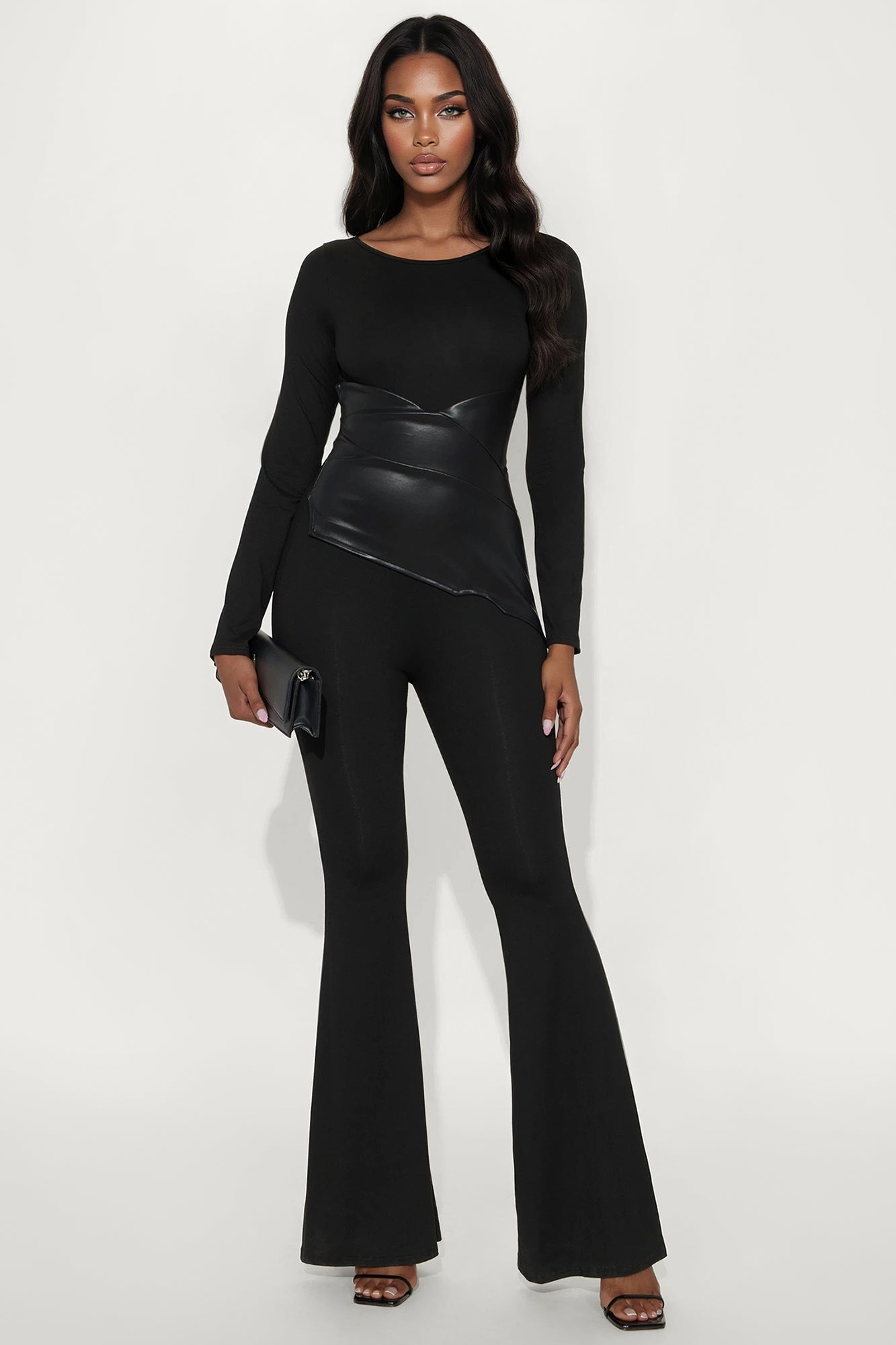 Skye Long Sleeve Corset Waist Jumpsuit - Black