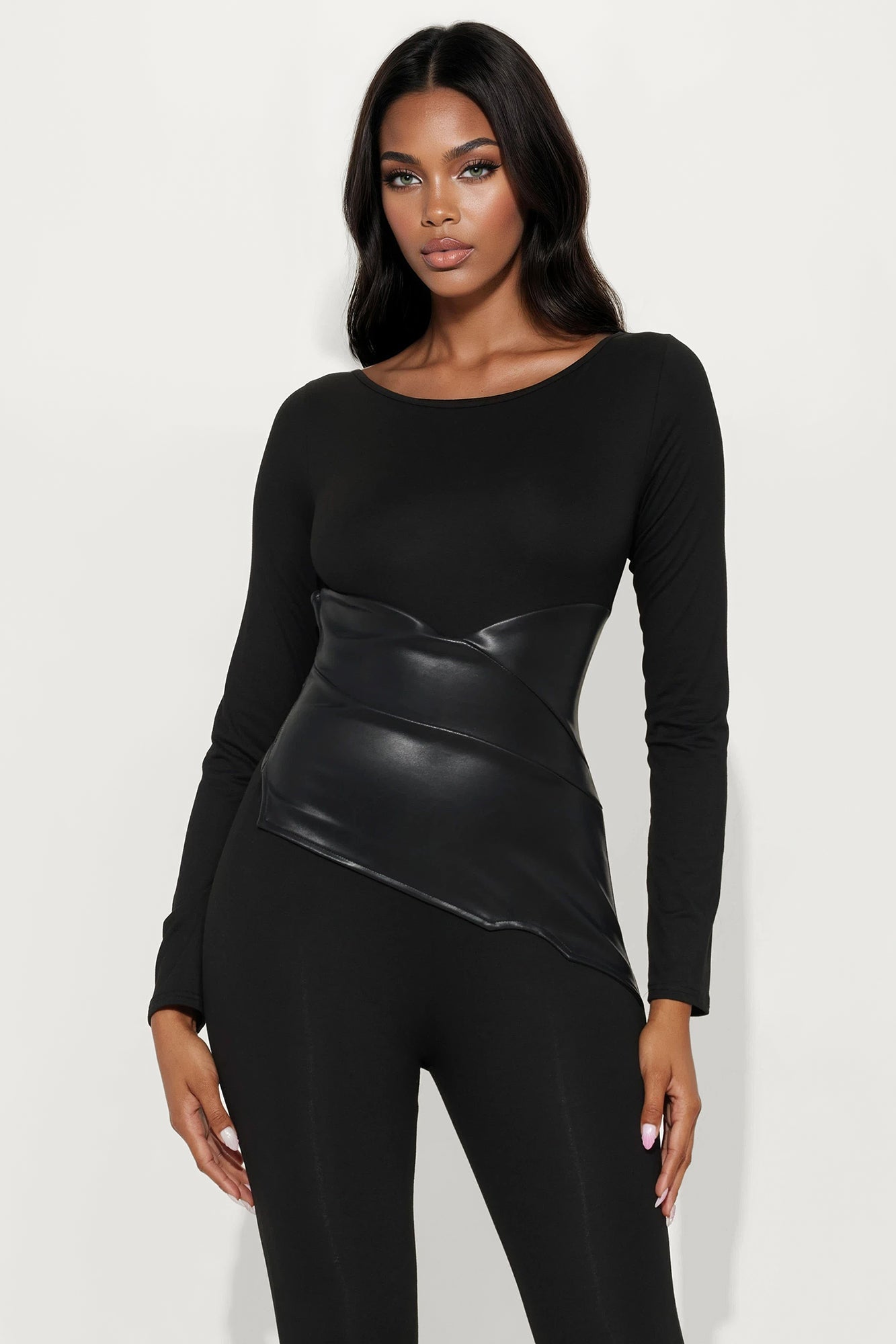 Skye Long Sleeve Corset Waist Jumpsuit - Black