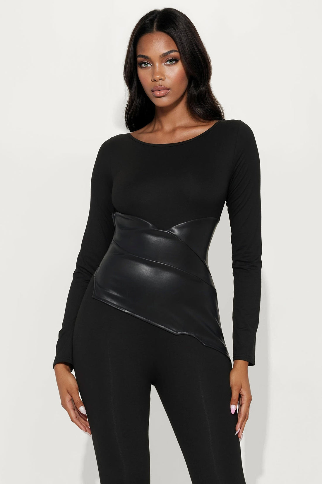 Skye Long Sleeve Corset Waist Jumpsuit - Black
