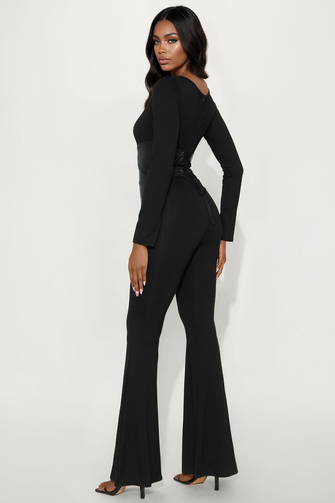 Skye Long Sleeve Corset Waist Jumpsuit - Black
