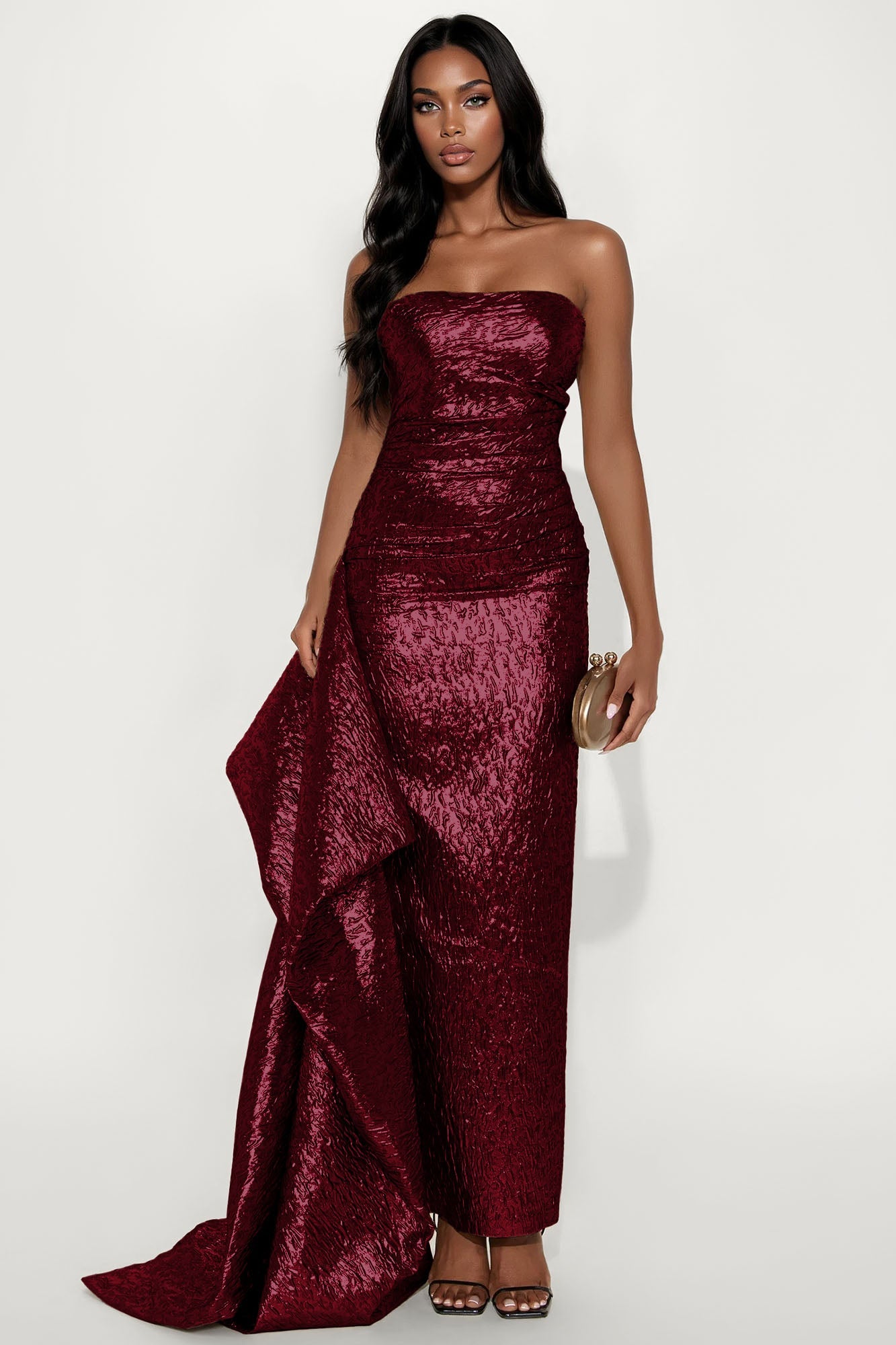 Vanya Draped Metallic Gown - Burgundy