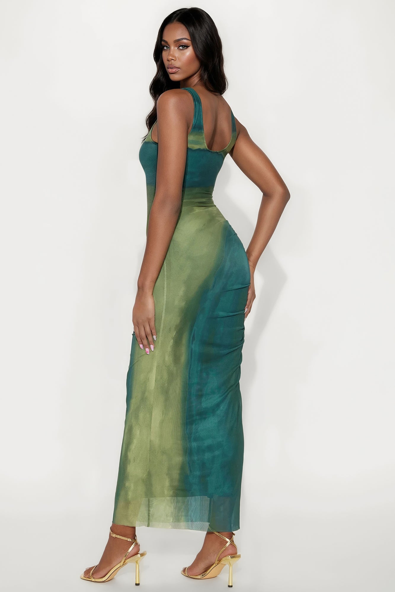 Sending My Love Ruched Mesh Maxi Dress - Green/combo