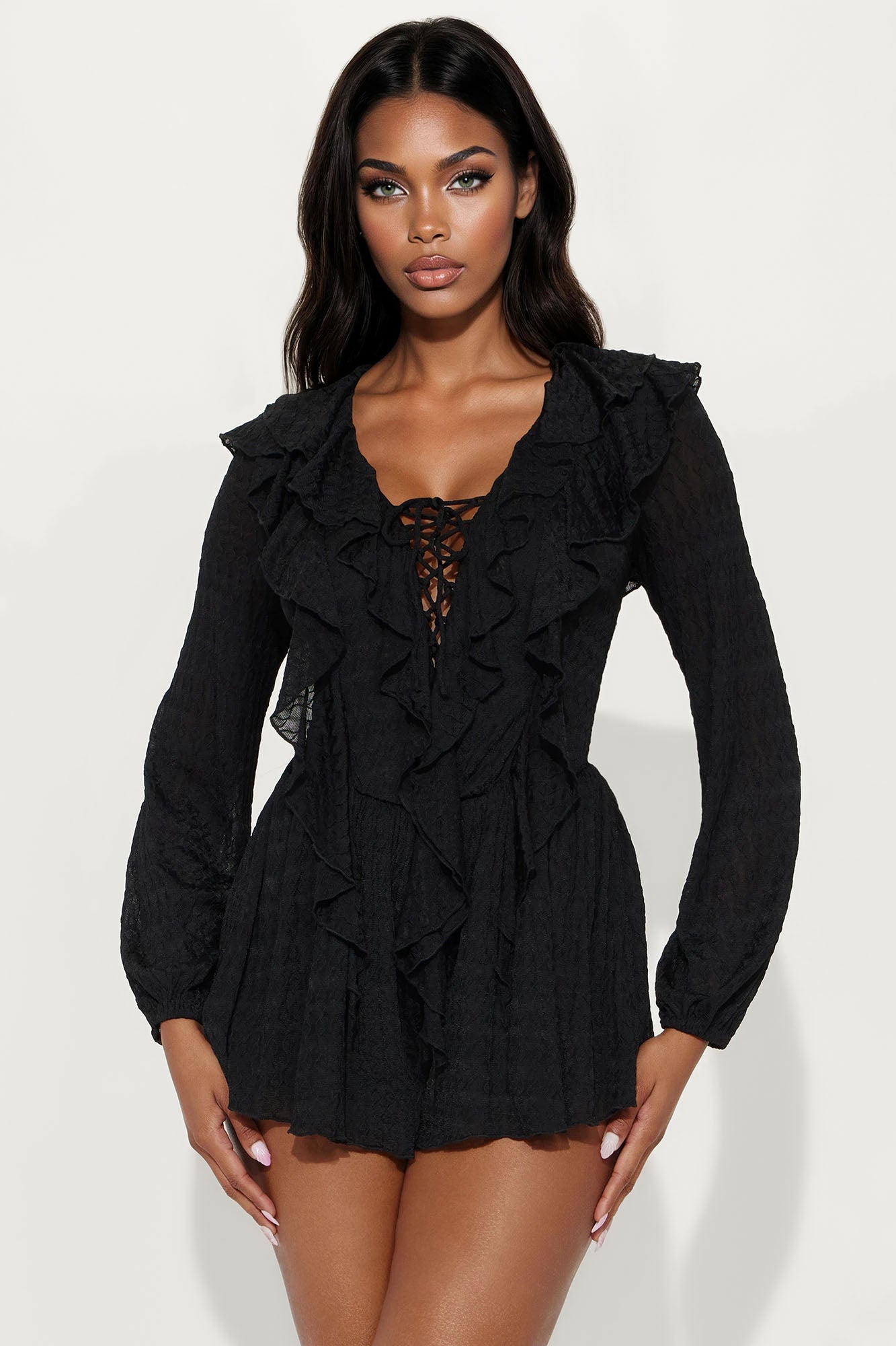 Charlena Jacquard Long Sleeve Romper - Black