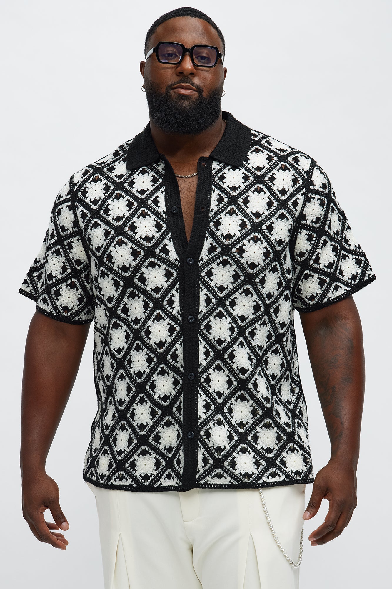 Crochet Starry Diamonds Closed Collar Shirt - Black/White