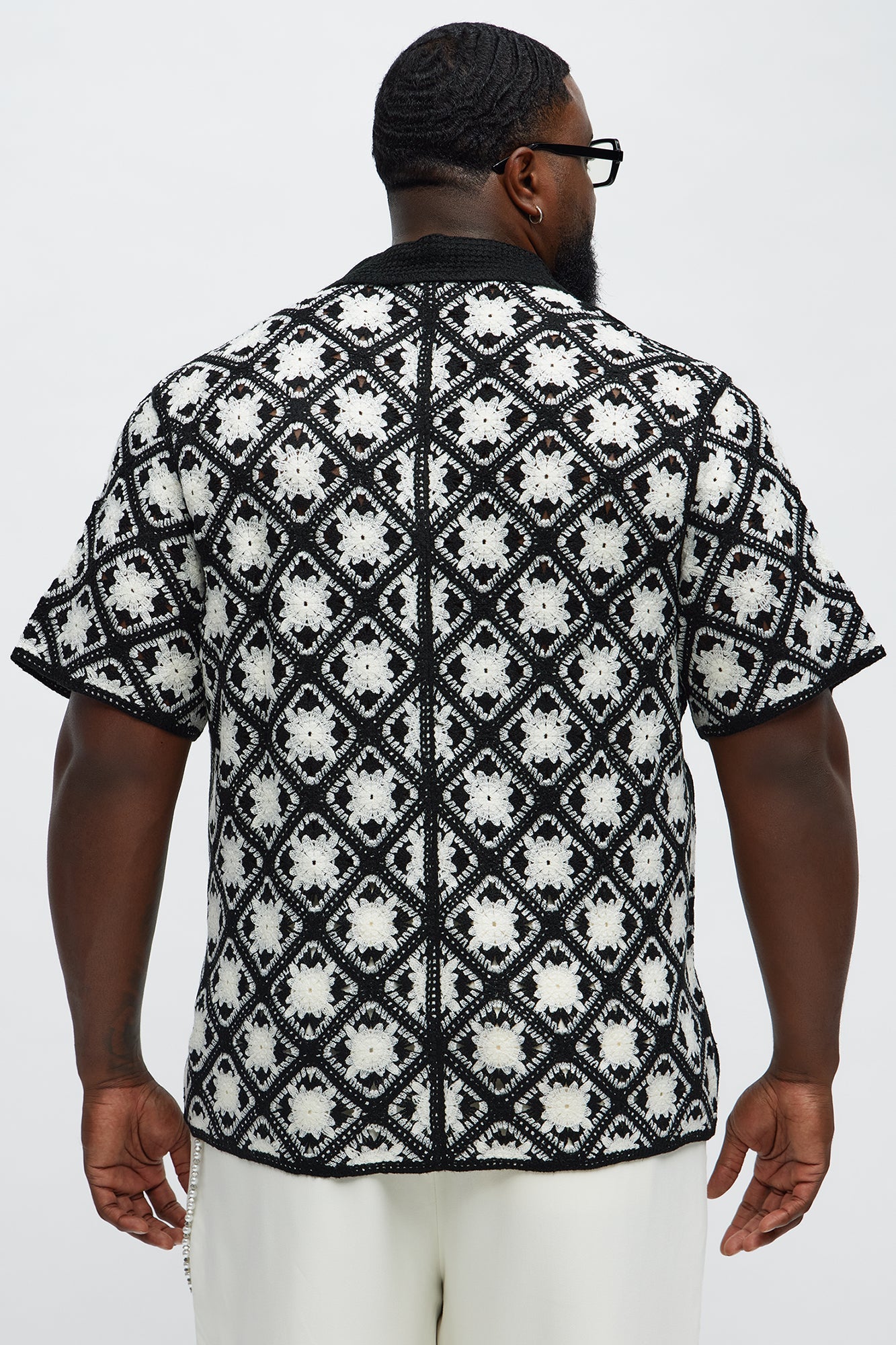 Crochet Starry Diamonds Closed Collar Shirt - Black/White
