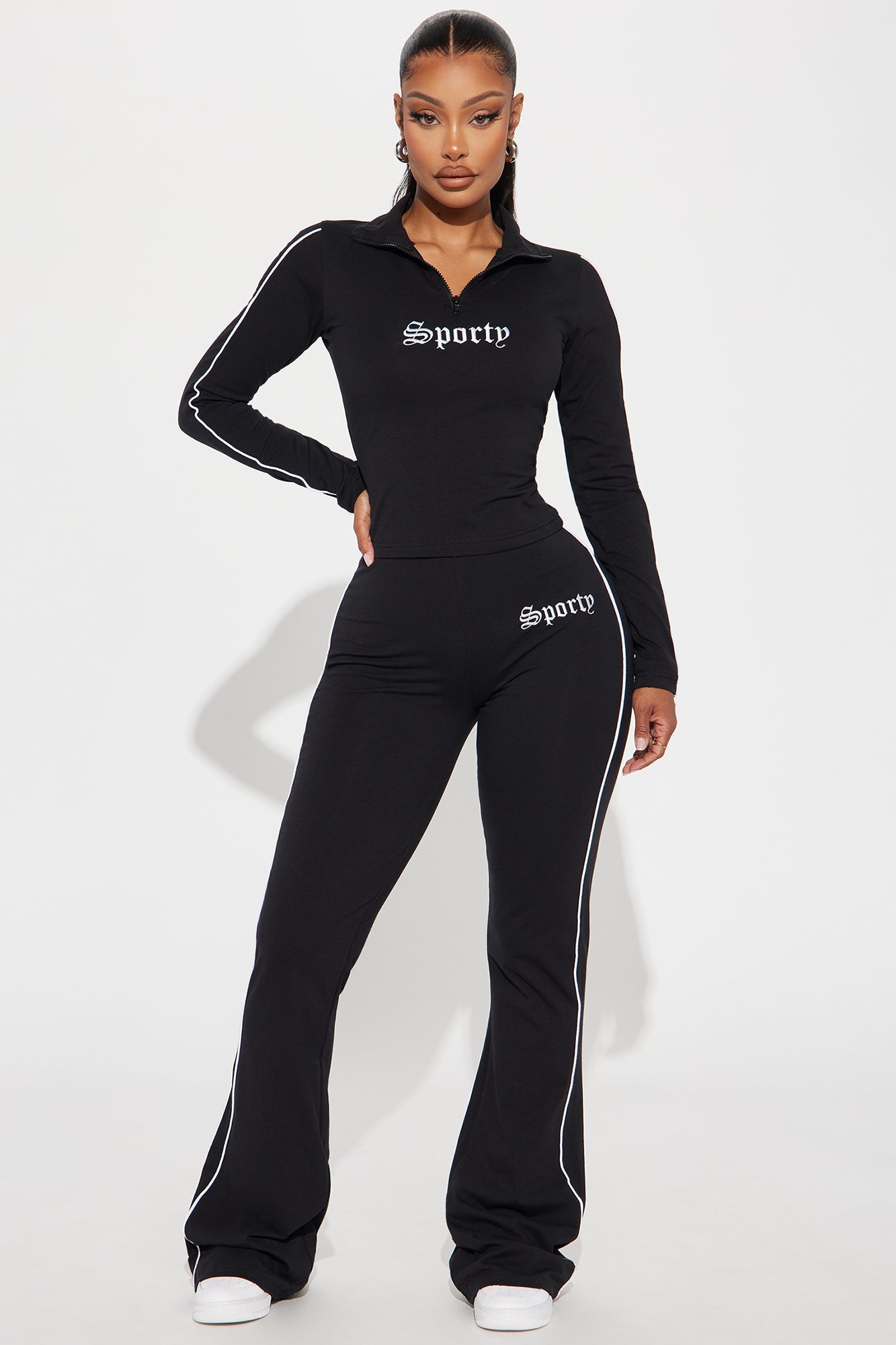 Sporty Girl Embroidered Flare Pants - Black/White