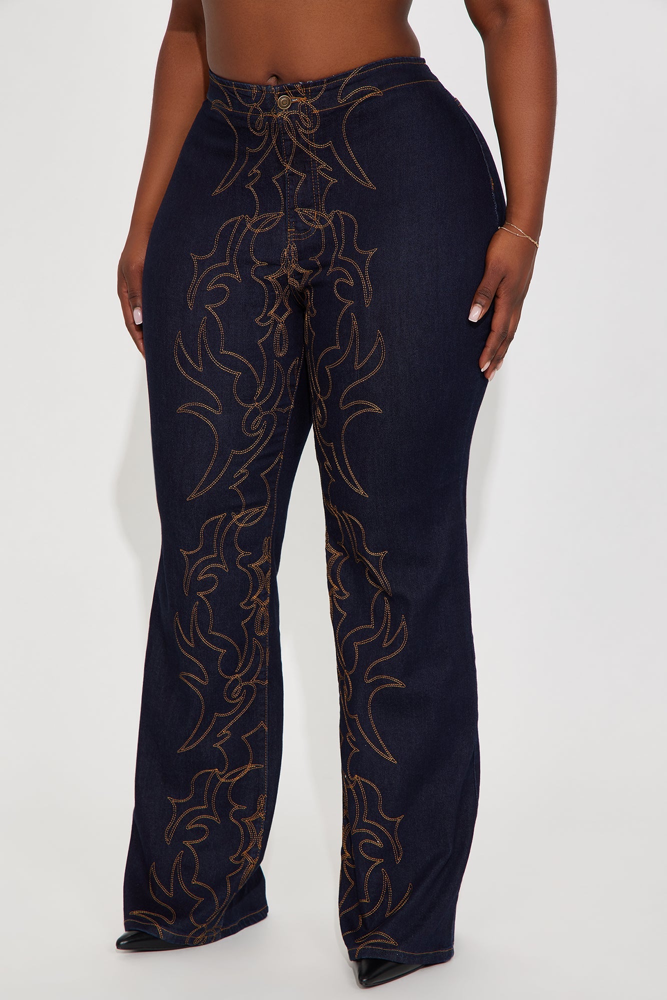 Take The Reigns Embroidered Stretch Wide Leg Jeans - Dark Wash