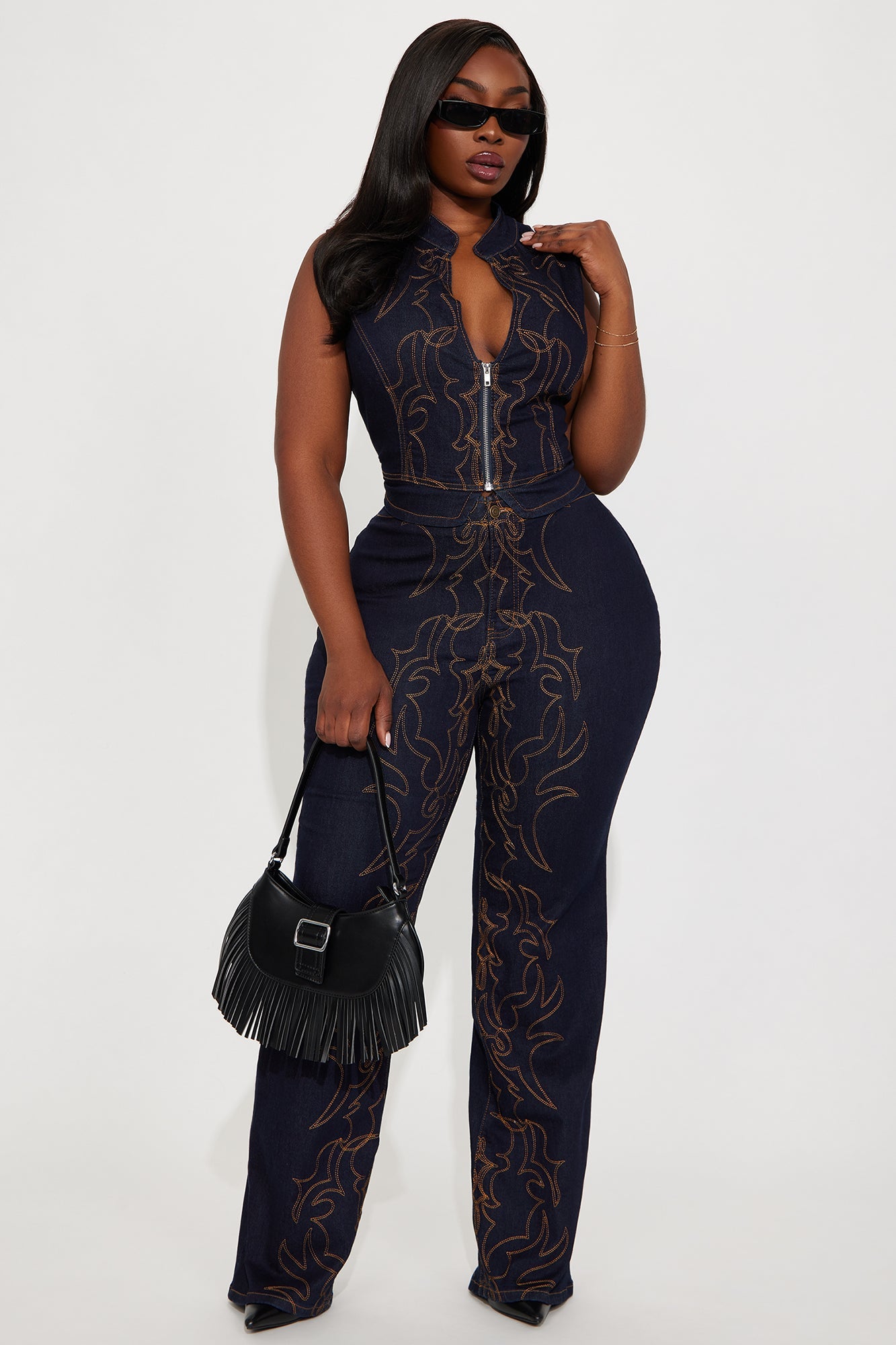 Take The Reigns Embroidered Stretch Wide Leg Jeans - Dark Wash