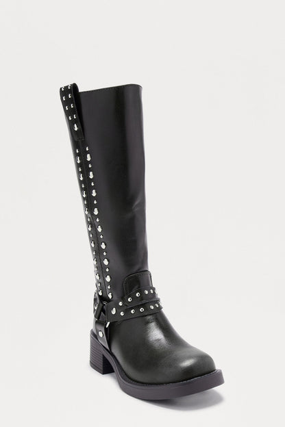 Timberly Studded Knee High Boots - Black