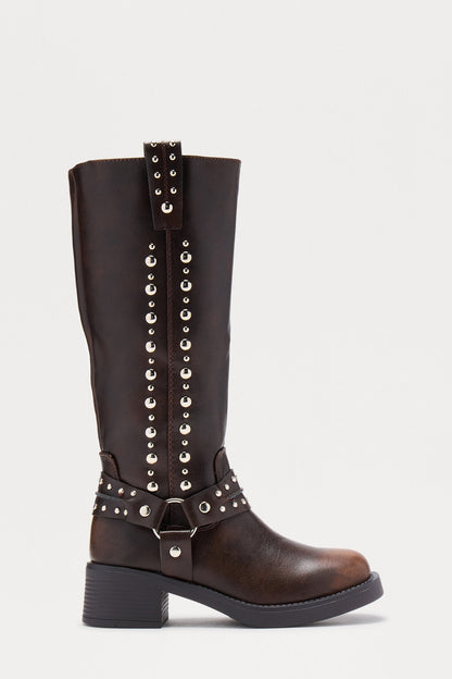 Timberly Studded Knee High Boots - Brown