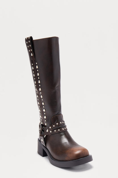 Timberly Studded Knee High Boots - Brown