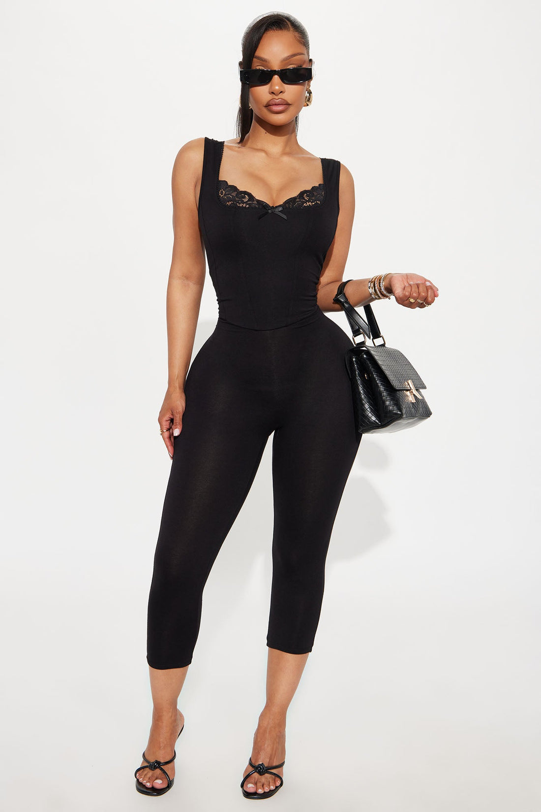 Myrah Lace Trim Capri Jumpsuit - Black
