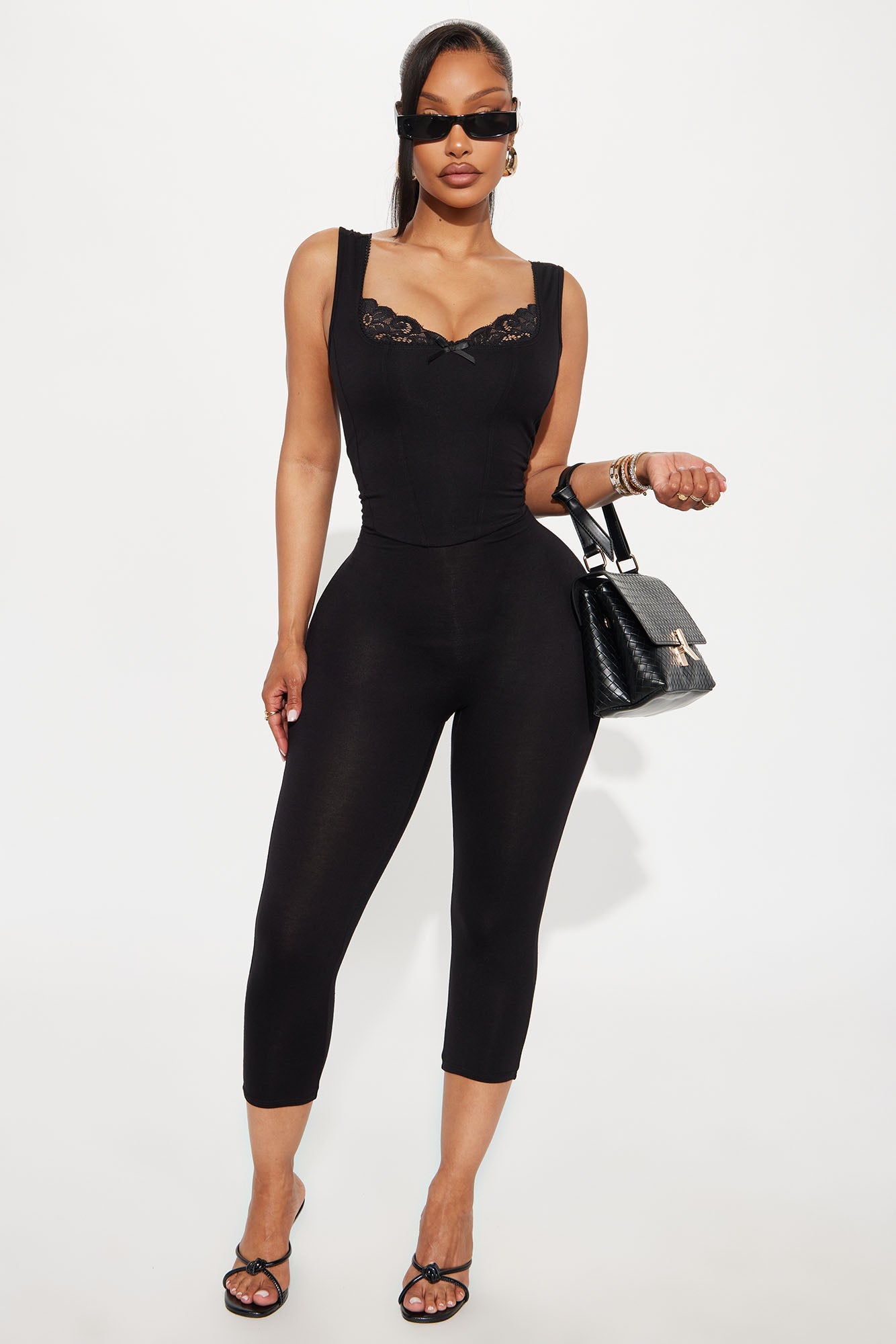 Myrah Lace Trim Capri Jumpsuit - Black