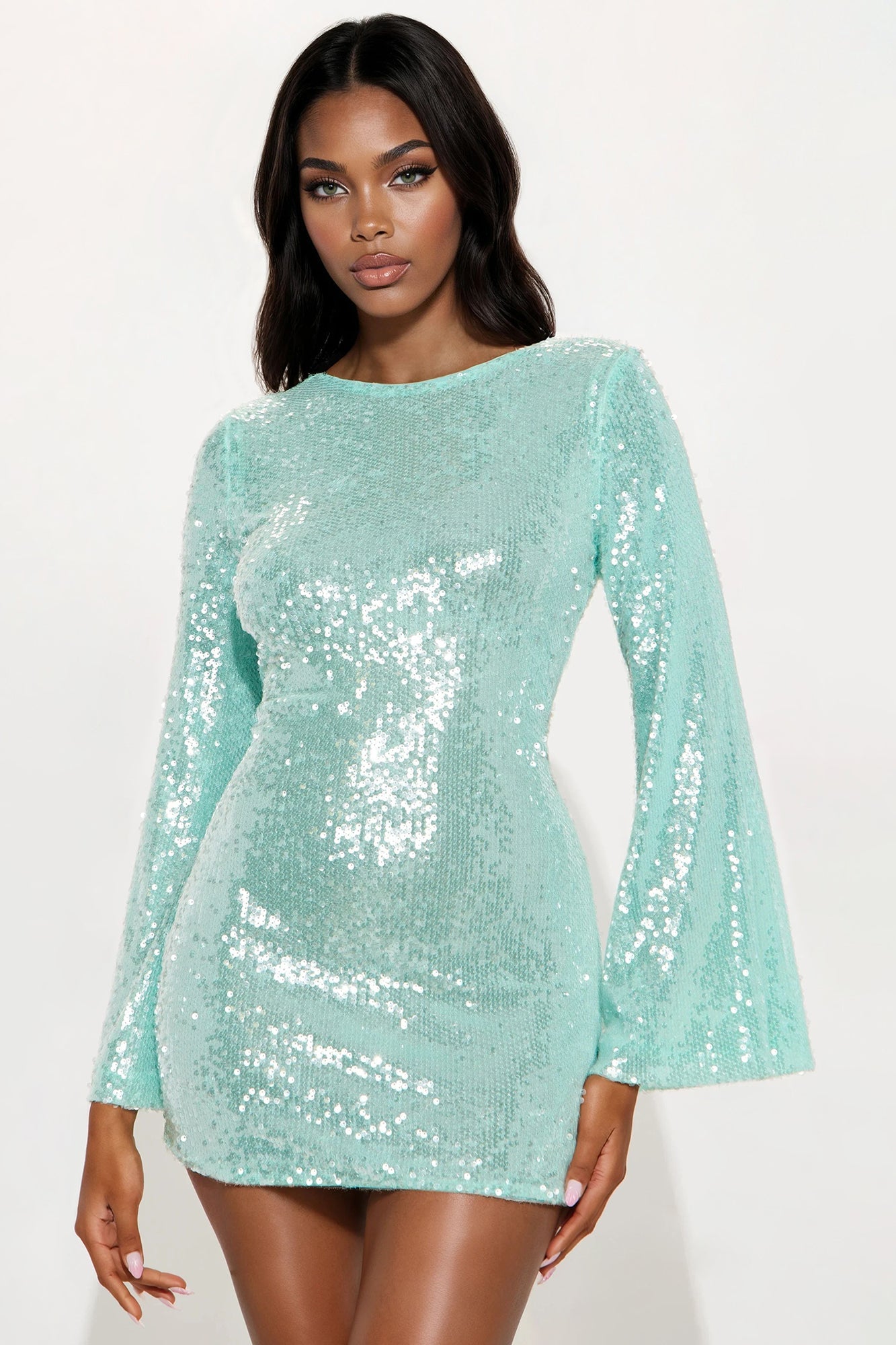 Cassie Long Sleeve Sequin Mini Dress - Aqua