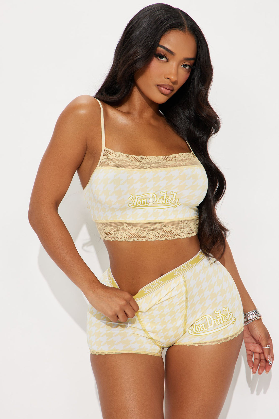 Von Dutch Lace Trim Houndstooth Boxer Short And Cami Bra 2 Piece Set - Yellow