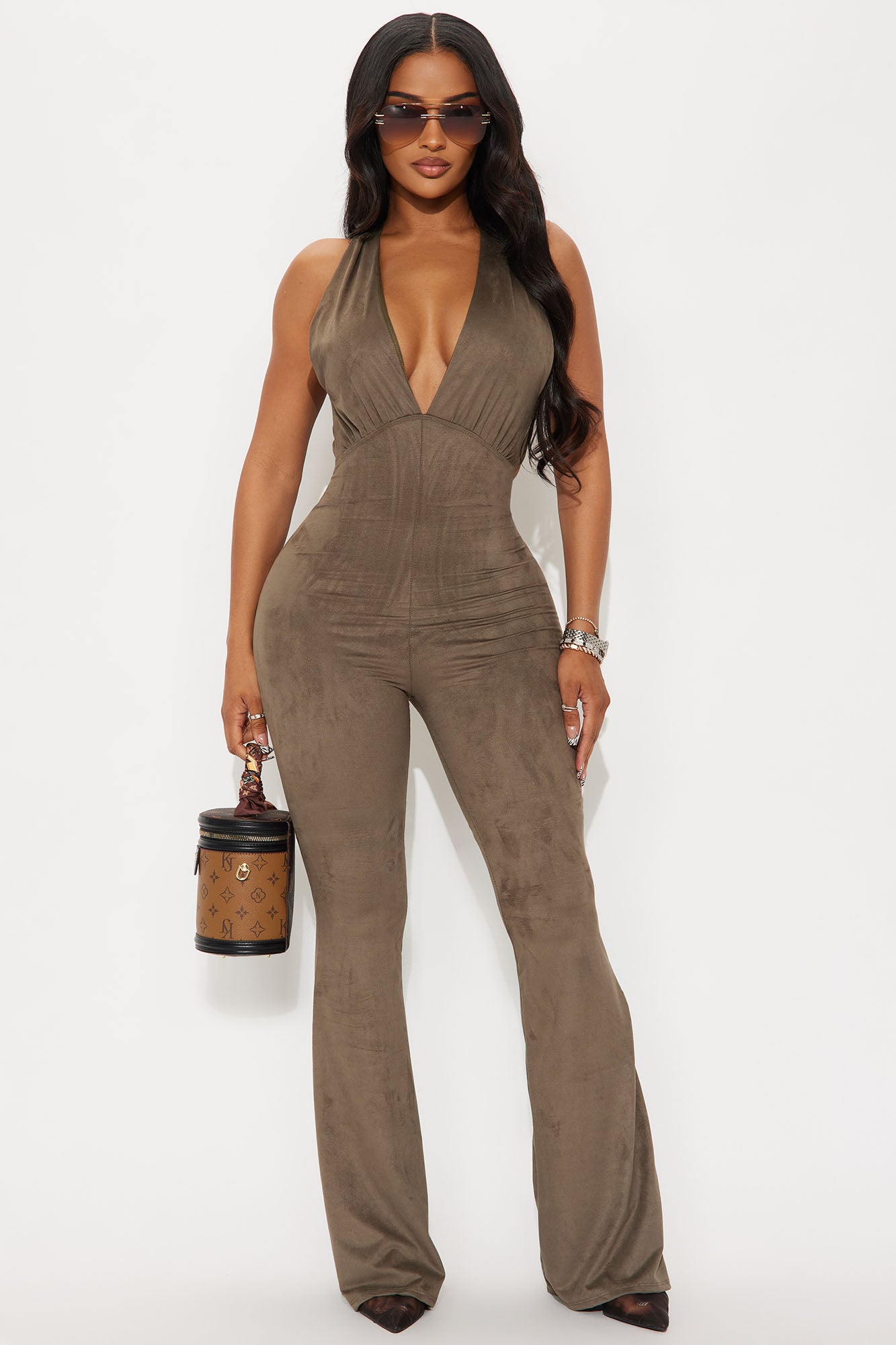 Tempation Faux Suede Flare Jumpsuit - Dark Olive