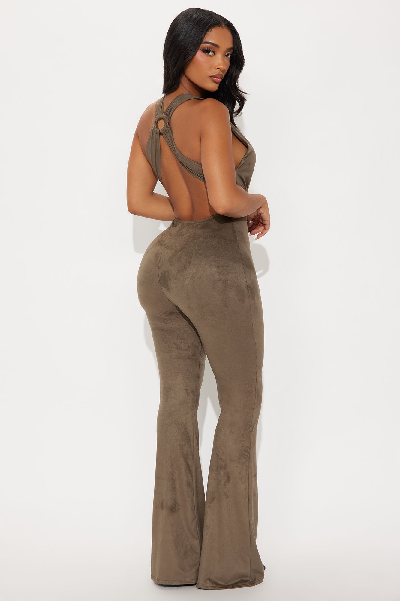 Tempation Faux Suede Flare Jumpsuit - Dark Olive