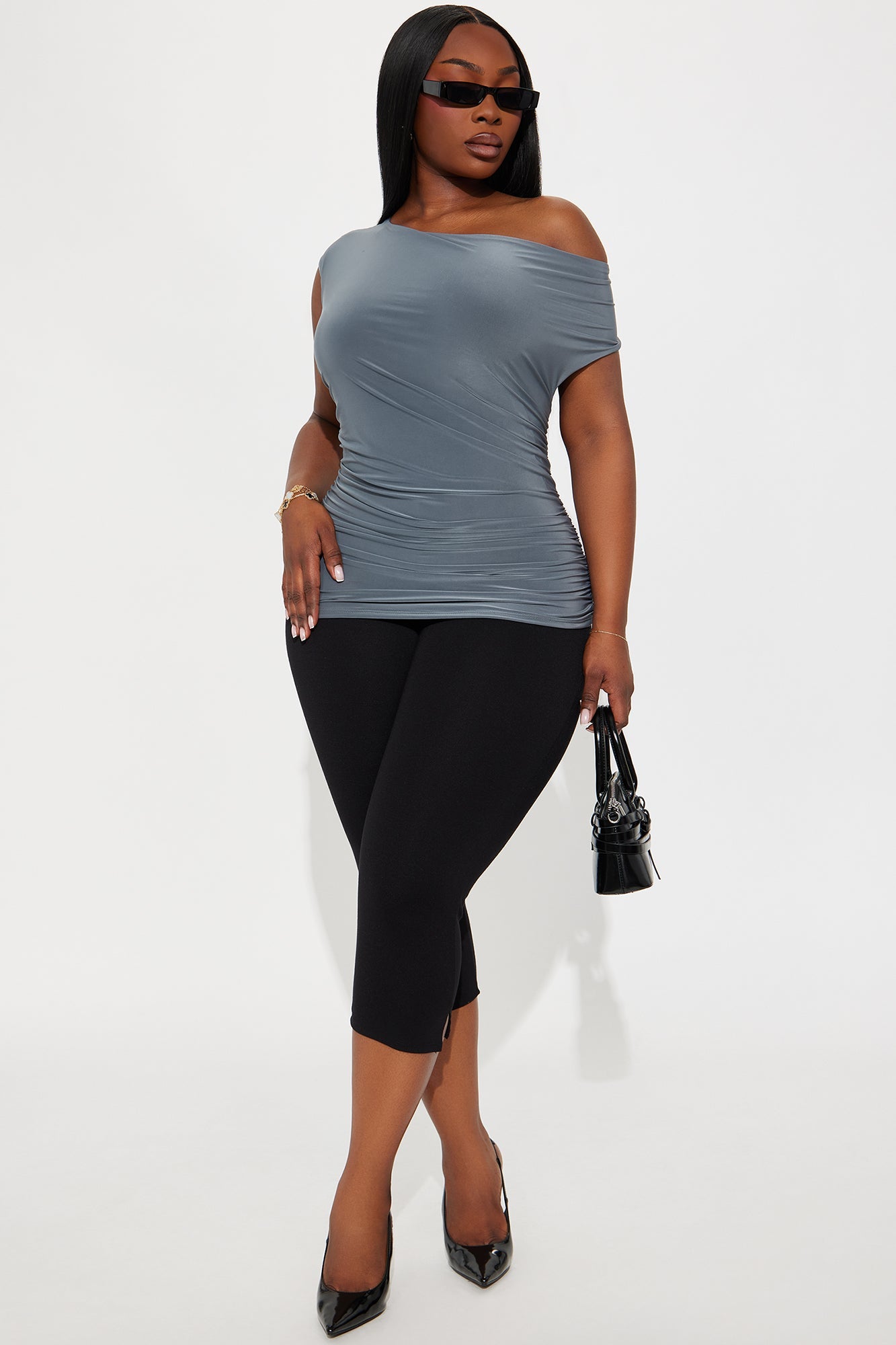 Ezra Ruched Off Shoulder Top - Charcoal